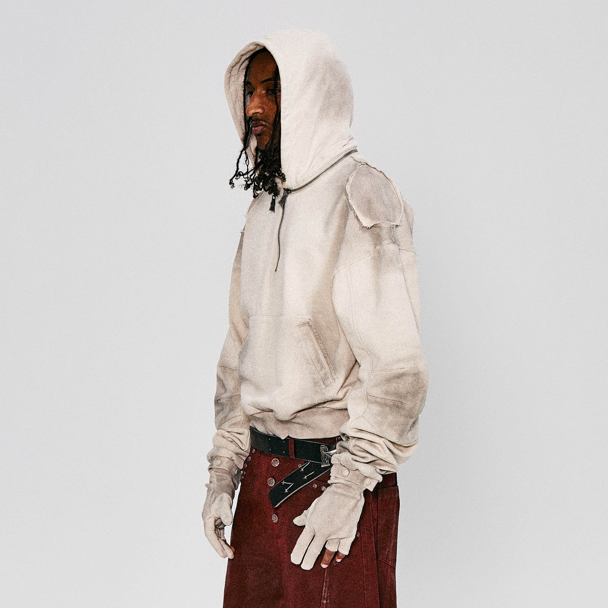 FLYERRER Distressed Detachable-Hood Glove-Sleeve Hoodie, premium urban and streetwear designers apparel on PROJECTISR.com, FLYERRER