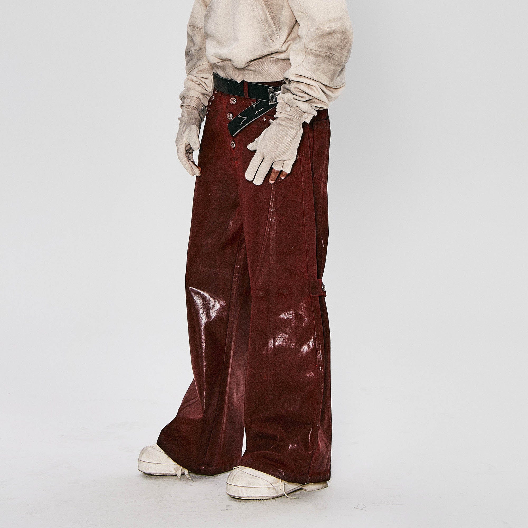 FLYERRER Waxed Spliced Studded Flared Pants, premium urban and streetwear designers apparel on PROJECTISR.com, FLYERRER