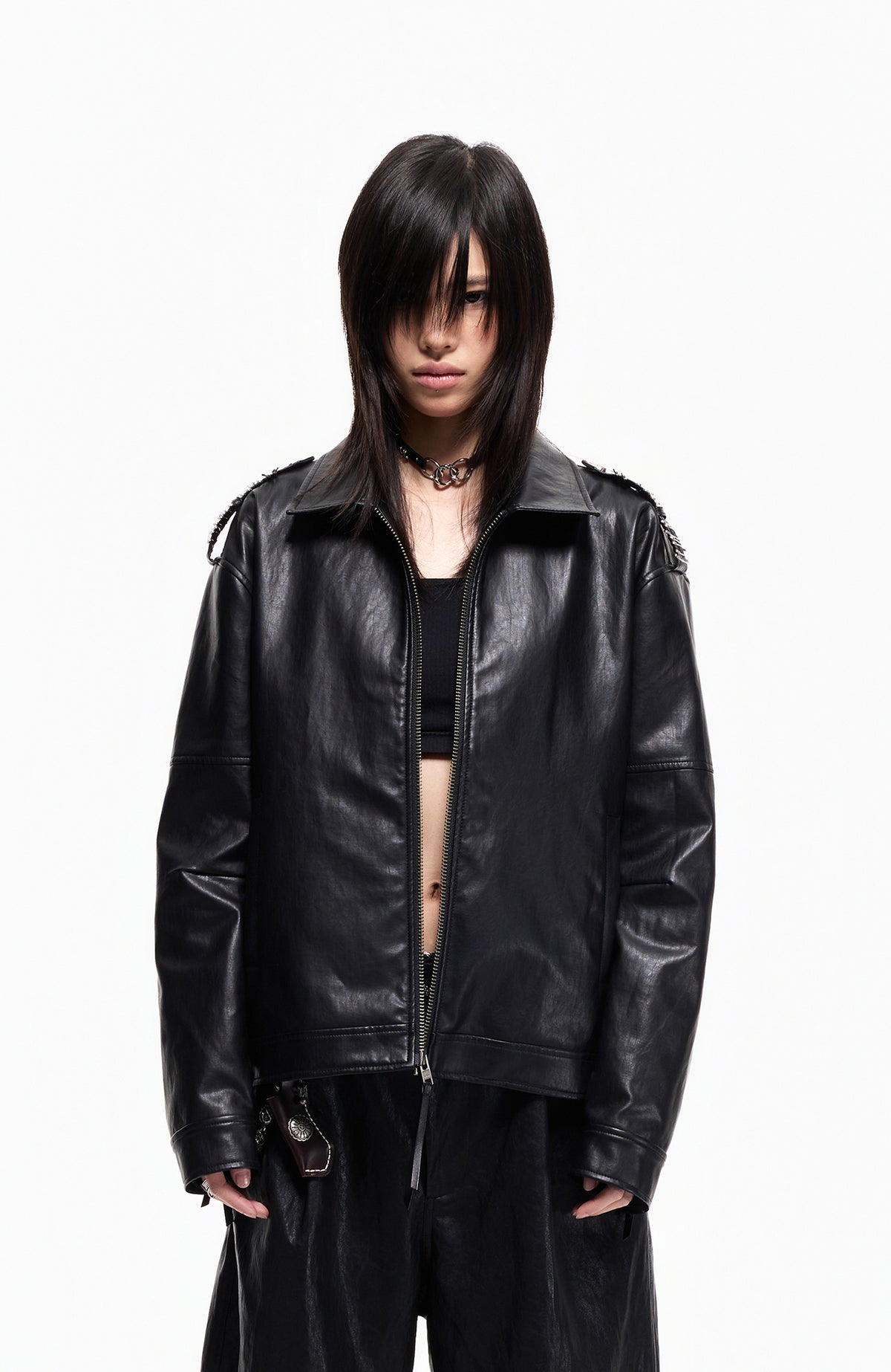 2000RSK Pin-Shoulder Faux Leather Biker Jacket