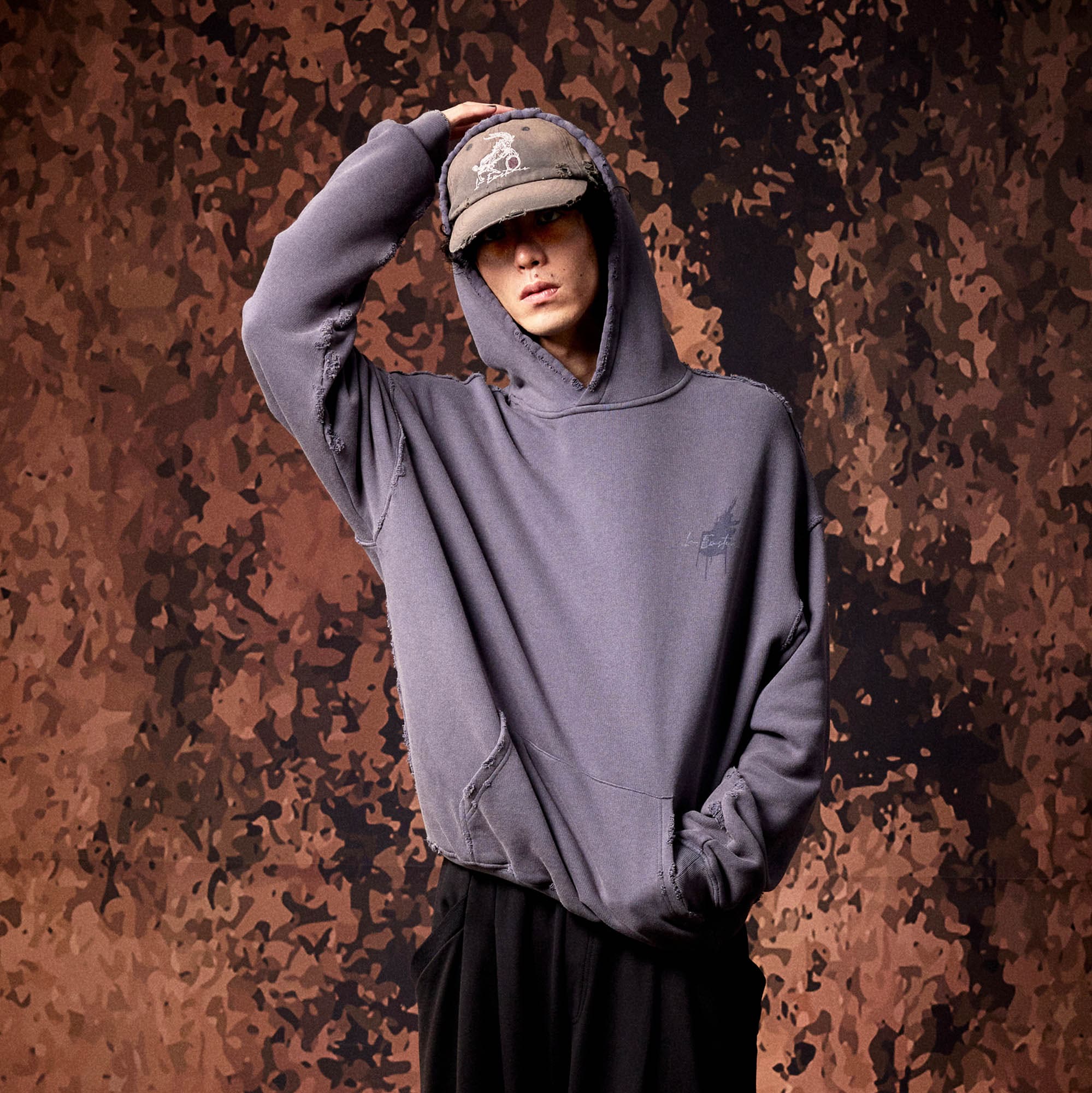 IN EXISTENCE Washed Frayed Graphic Hoodie, premium urban and streetwear designers apparel on PROJECTISR.com, IN EXISTENCE