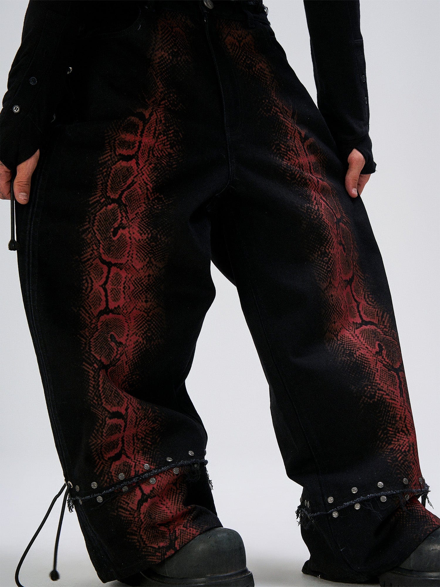 FLYERRER Washed Contrast Snakeskin Drawcord Wide-Leg Jeans, premium urban and streetwear designers apparel on PROJECTISR.com, FLYERRER