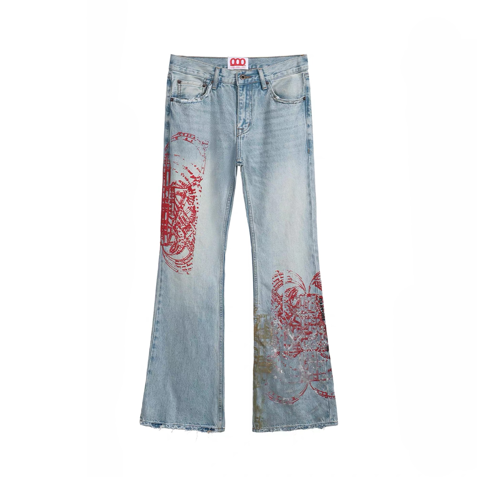 NOTHINGNESS WORLD Distressed Stamp-Print Flare Jeans, premium urban and streetwear designers apparel on PROJECTISR.com, NOTHINGNESS WORLD