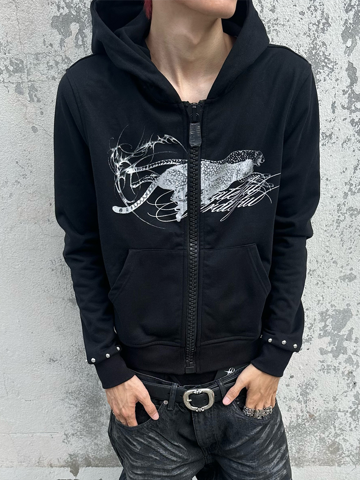 SAXGENWON Studded Zip-Up Iridescent Leopard Hoodie