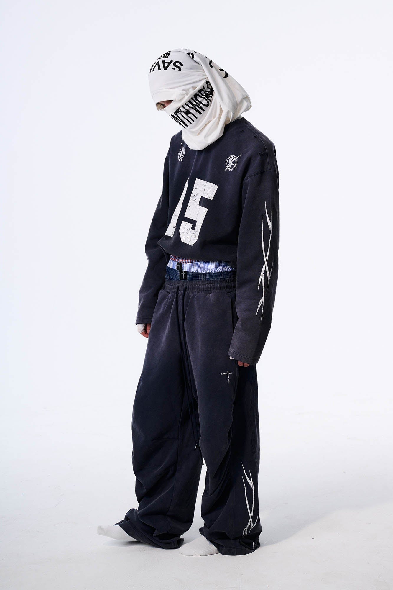 SAVAGEGROWTHWORLD Distressed Pleated Drawstring Baggy Pants, premium urban and streetwear designers apparel on PROJECTISR.com, SAVAGEGROWTHWORLD
