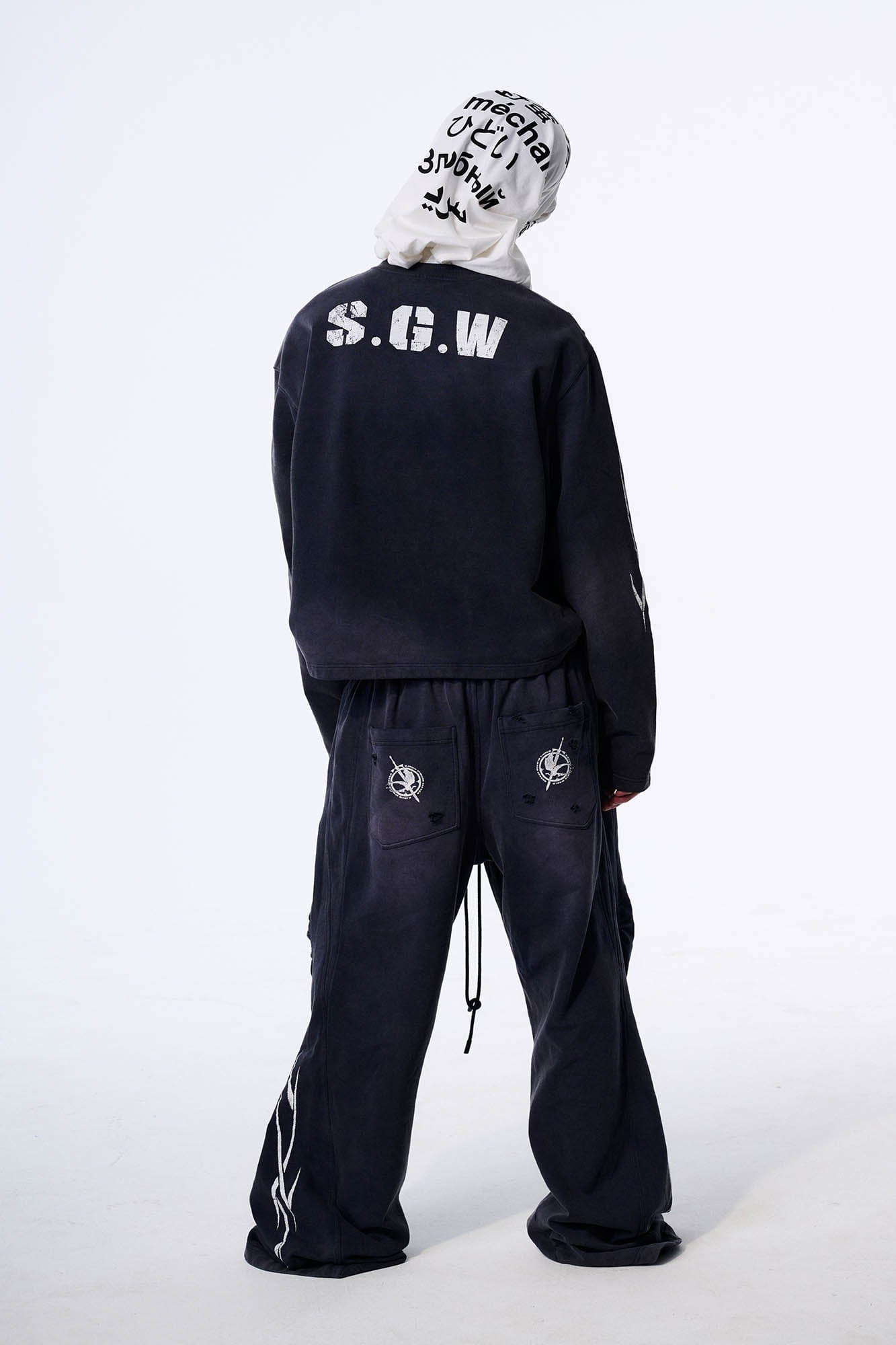 SAVAGEGROWTHWORLD Distressed Pleated Drawstring Baggy Pants, premium urban and streetwear designers apparel on PROJECTISR.com, SAVAGEGROWTHWORLD