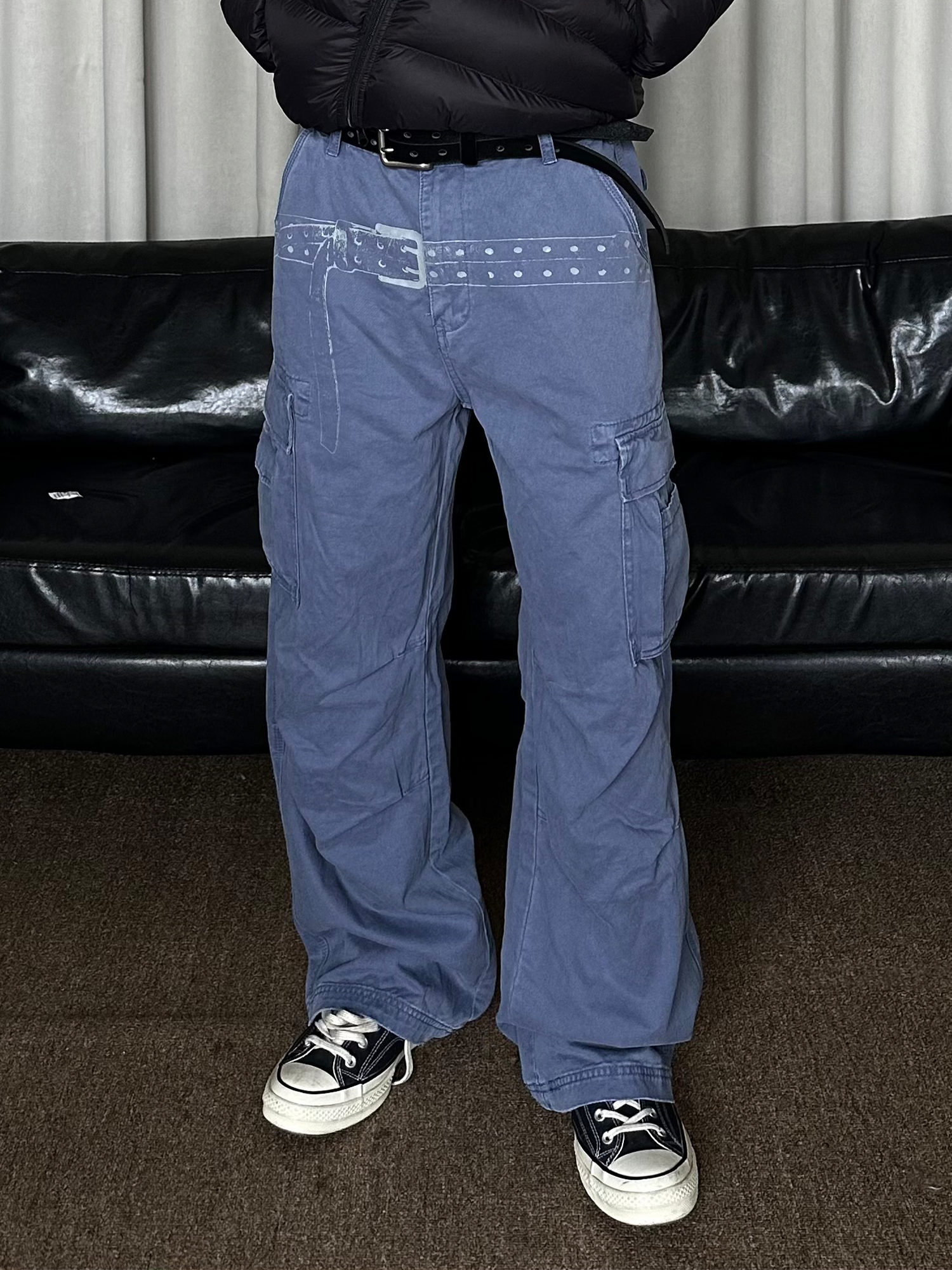 KREATE Washed Belt Graphic Crinkled Cargo Pants