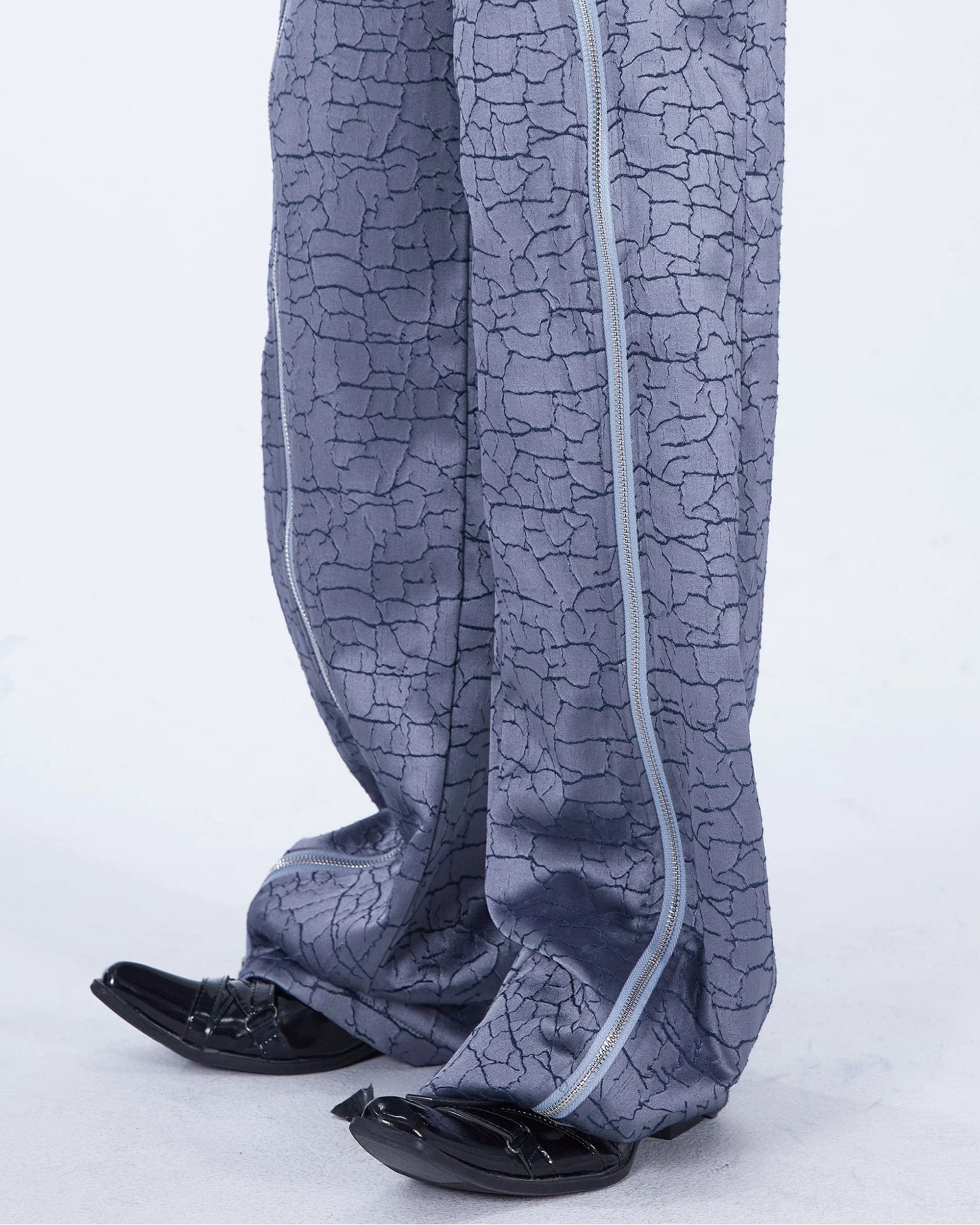 EMBRYO Deconstructed Front-Zipper Cracked Flared Pants, premium urban and streetwear designers apparel on PROJECTISR.com, EMBRYO