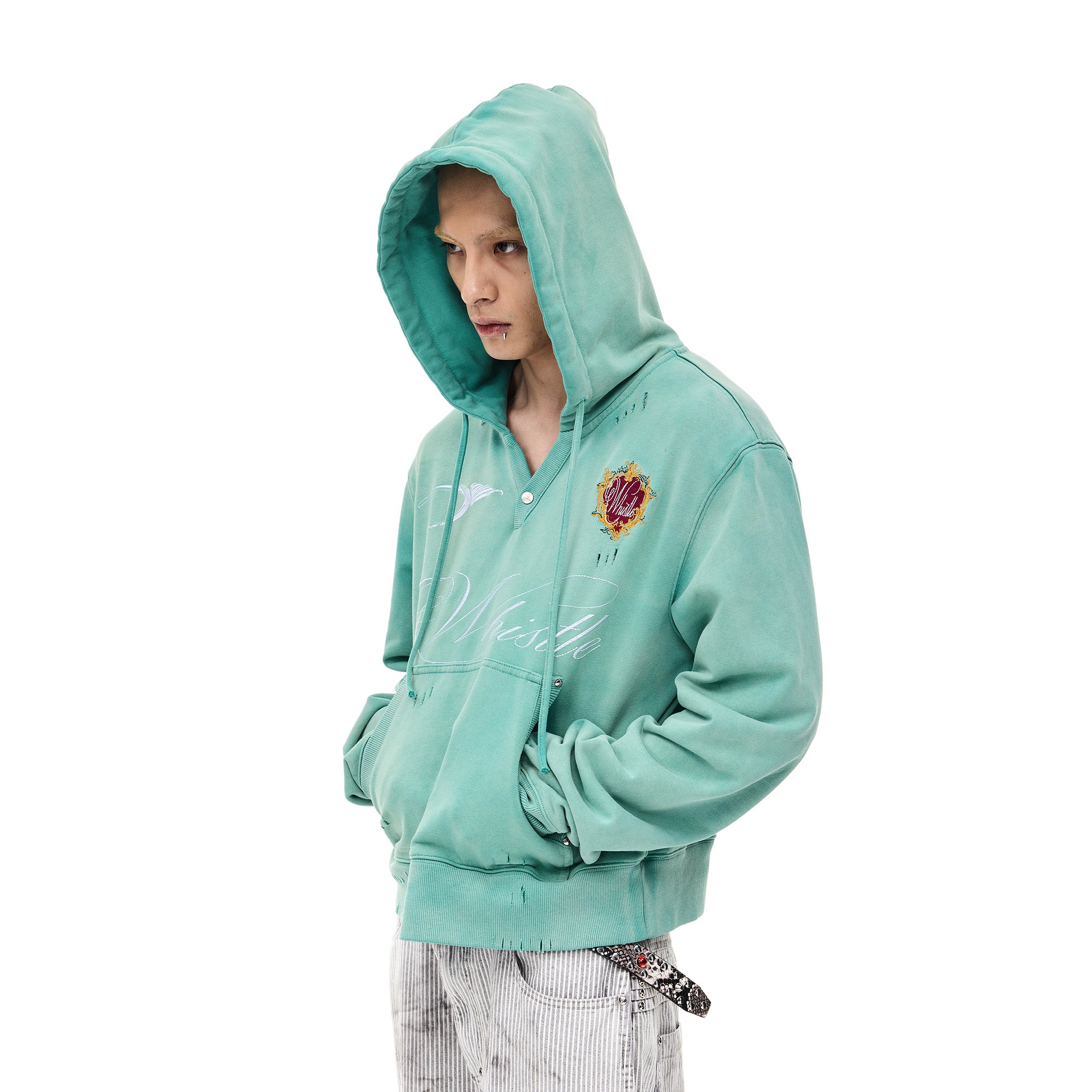 WHISTLEHUNTER Distressed Embroidered V-Neck Hoodie, premium urban and streetwear designers apparel on PROJECTISR.com, WHISTLEHUNTER
