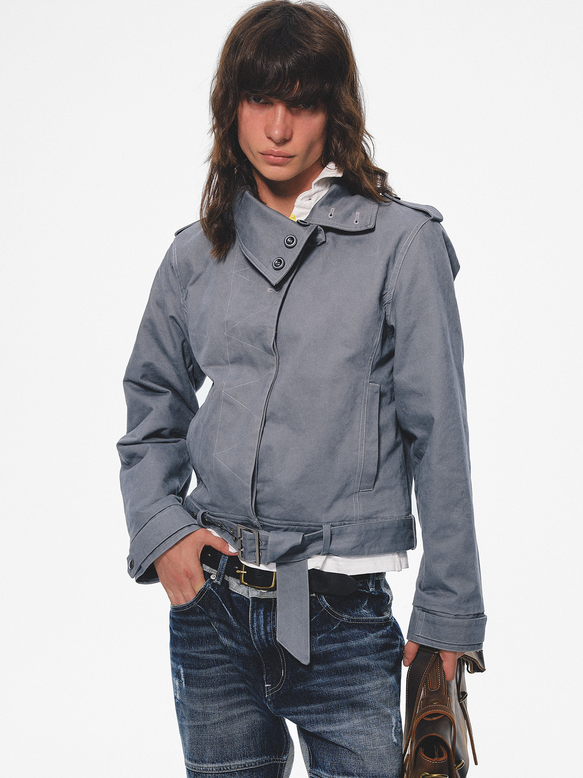 TRECLUB Retro Belted Eyelet Lapel Cotton-Padded Jacket, premium urban and streetwear designers apparel on PROJECTISR.com, TRECLUB