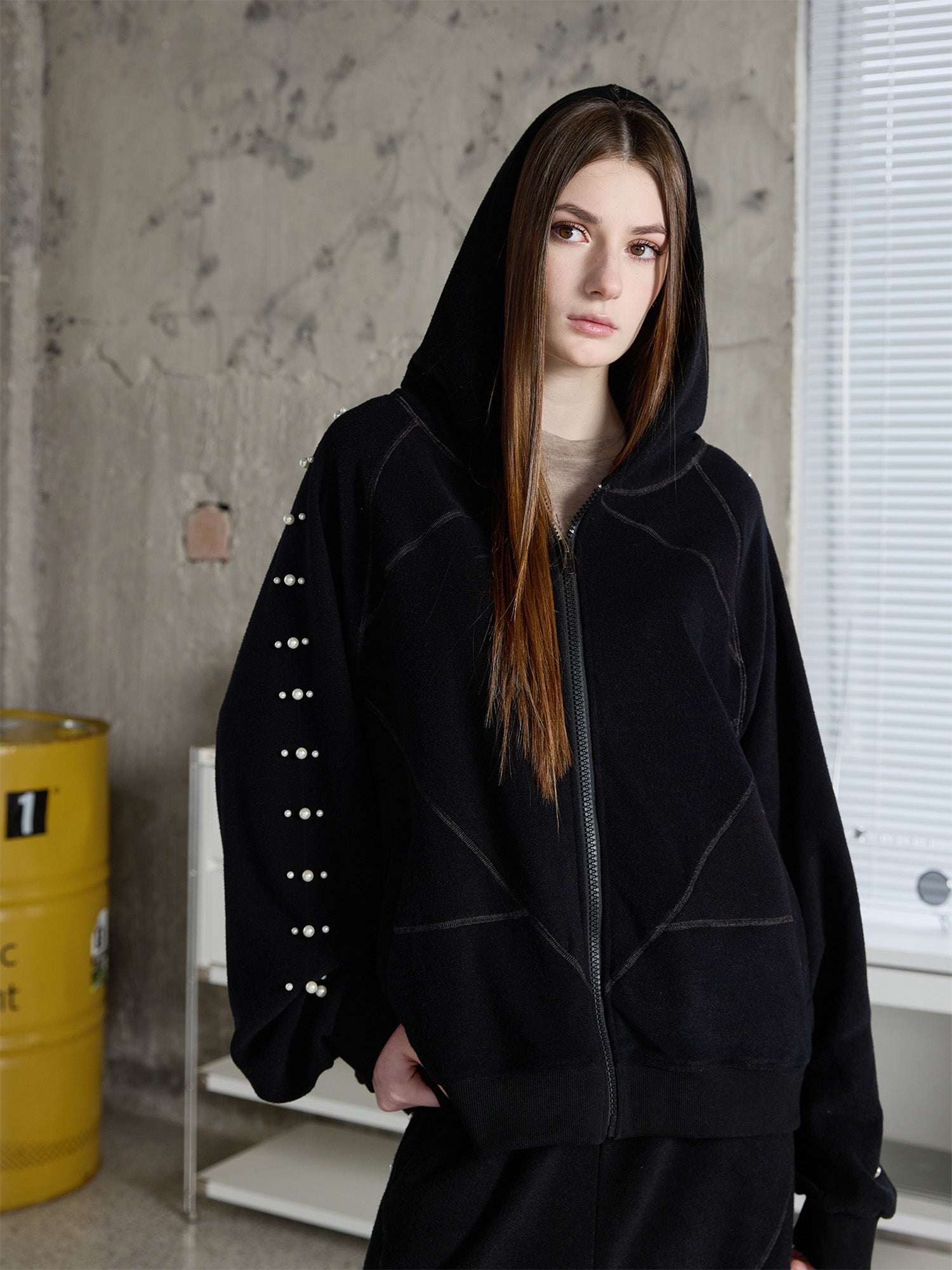 ERROR CODE ROBOT Pearl-Studded Diamond-Seam Hoodie, premium urban and streetwear designers apparel on PROJECTISR.com, ERROR CODE ROBOT