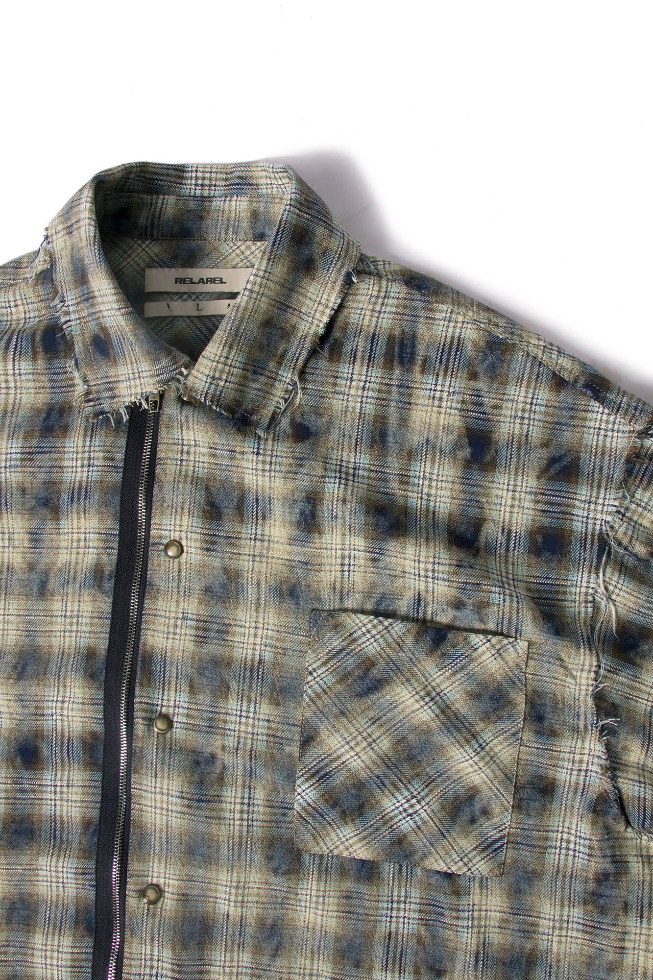 RELABEL Tie-dye Plaid Dual Closure Frayed Shirt, premium urban and streetwear designers apparel on PROJECTISR.com, RELABEL