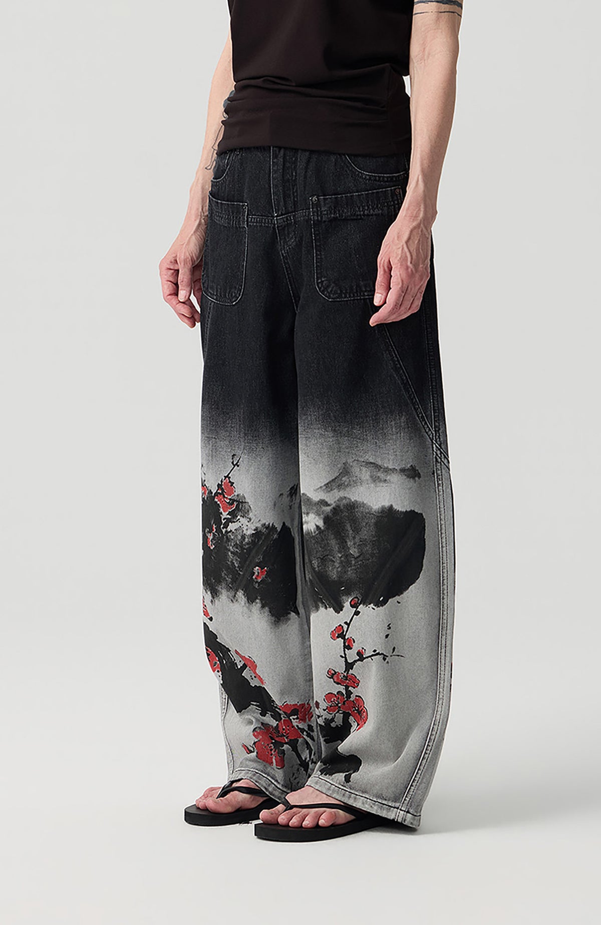 HAHAHA STUDIOS Ink Plum Blossom Washed Wide-Leg Jeans