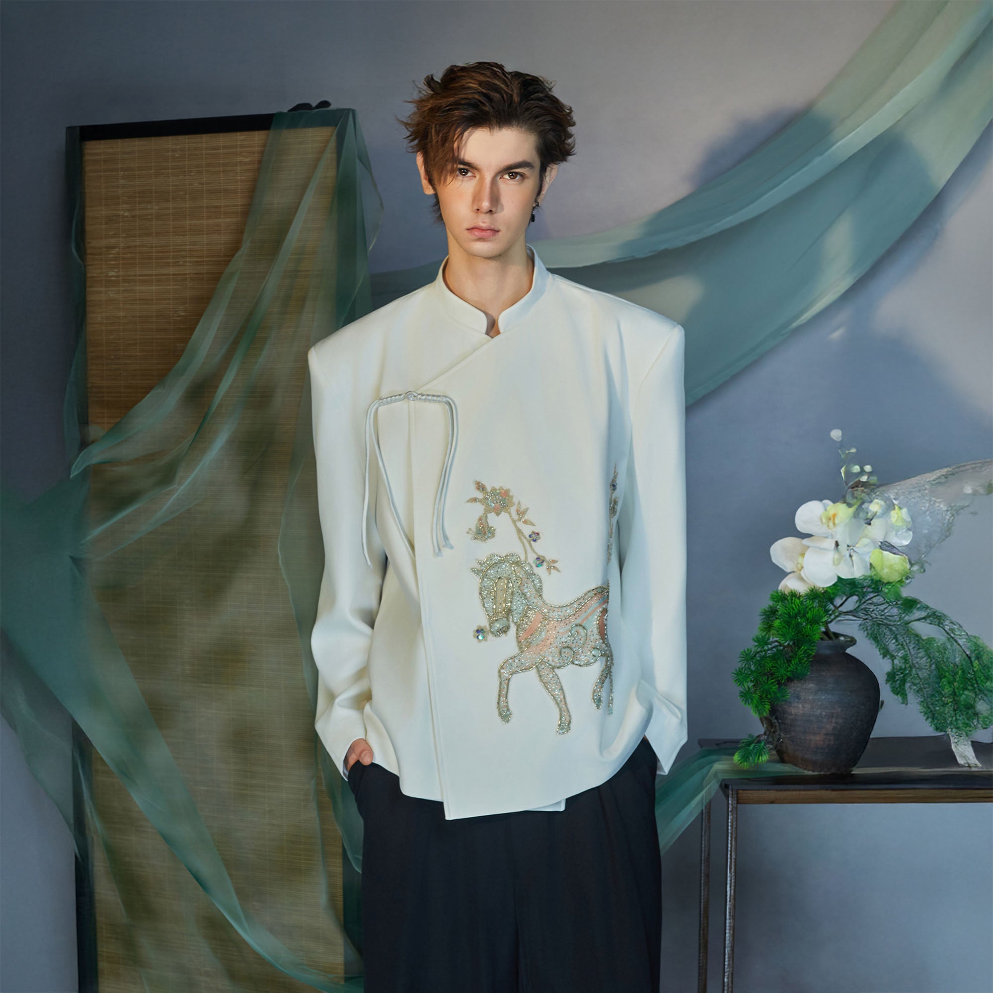 JIECHI Embroidery Horse Asymmetric Wrap Jacket, premium urban and streetwear designers apparel on PROJECTISR.com, JIECHI