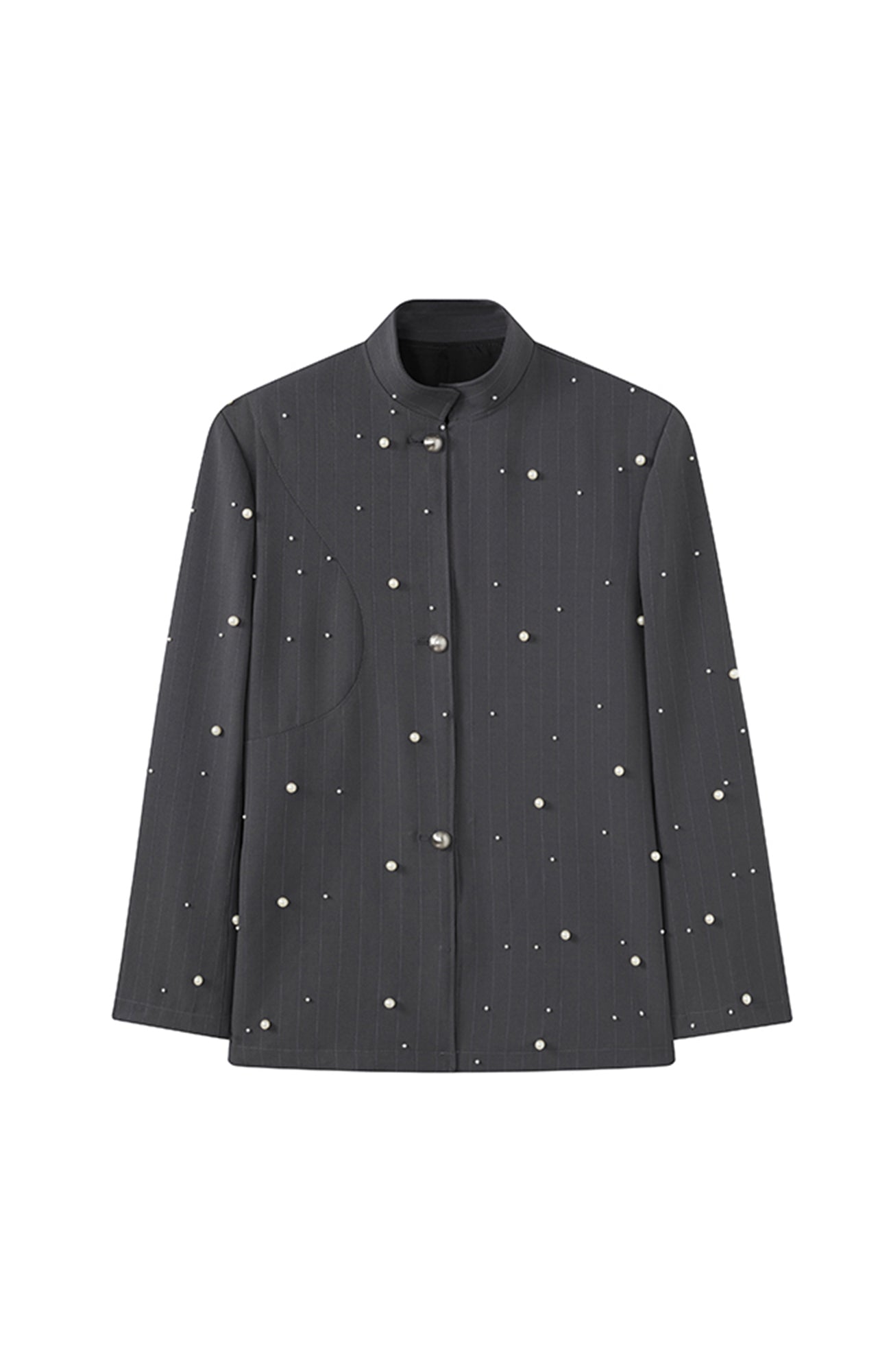 JIECHI Pearl Embellished Stripe Mandarin Shirt