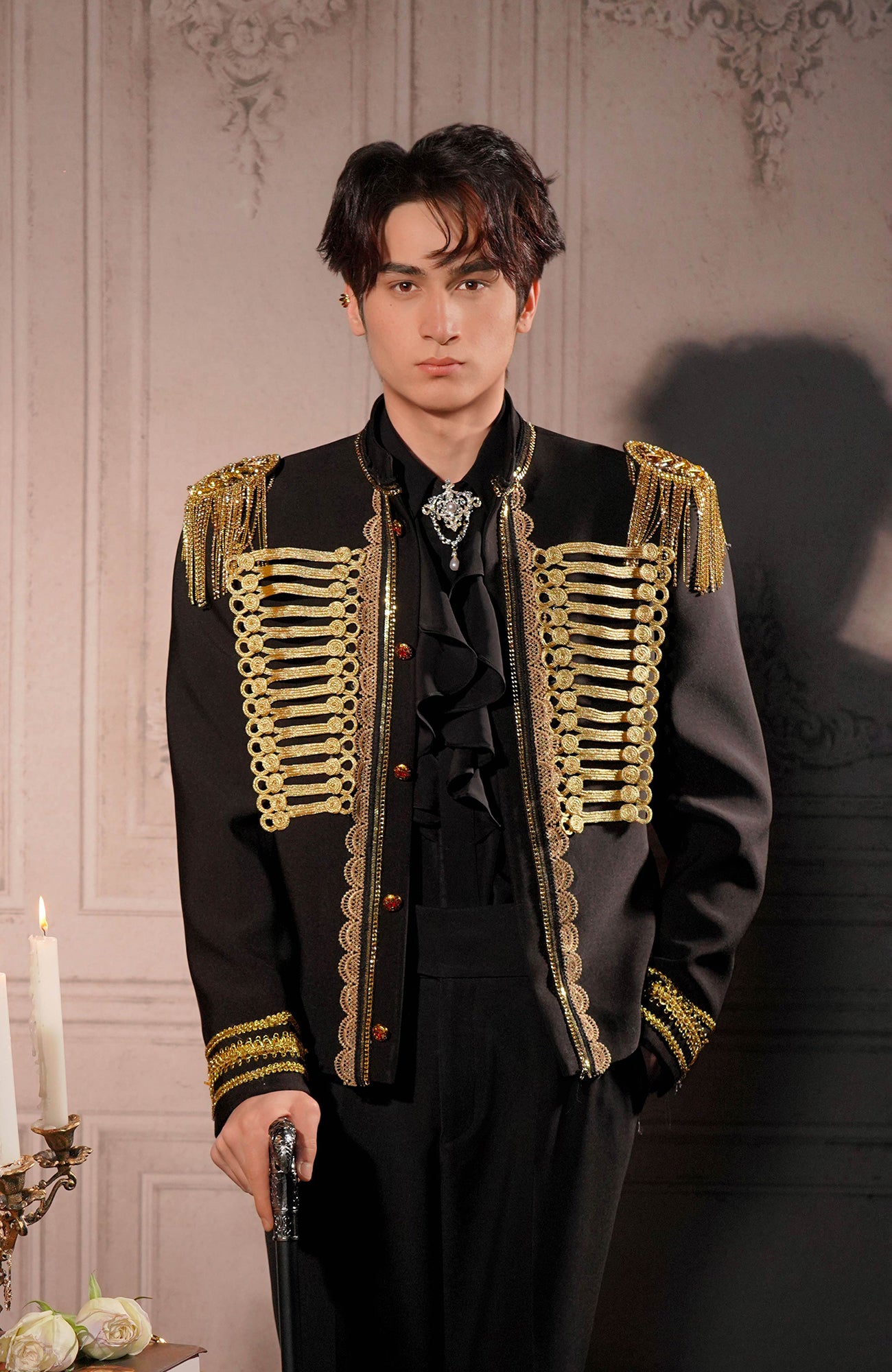 SHANG JIE Shoulder Epaulette Gold Trim Blazer