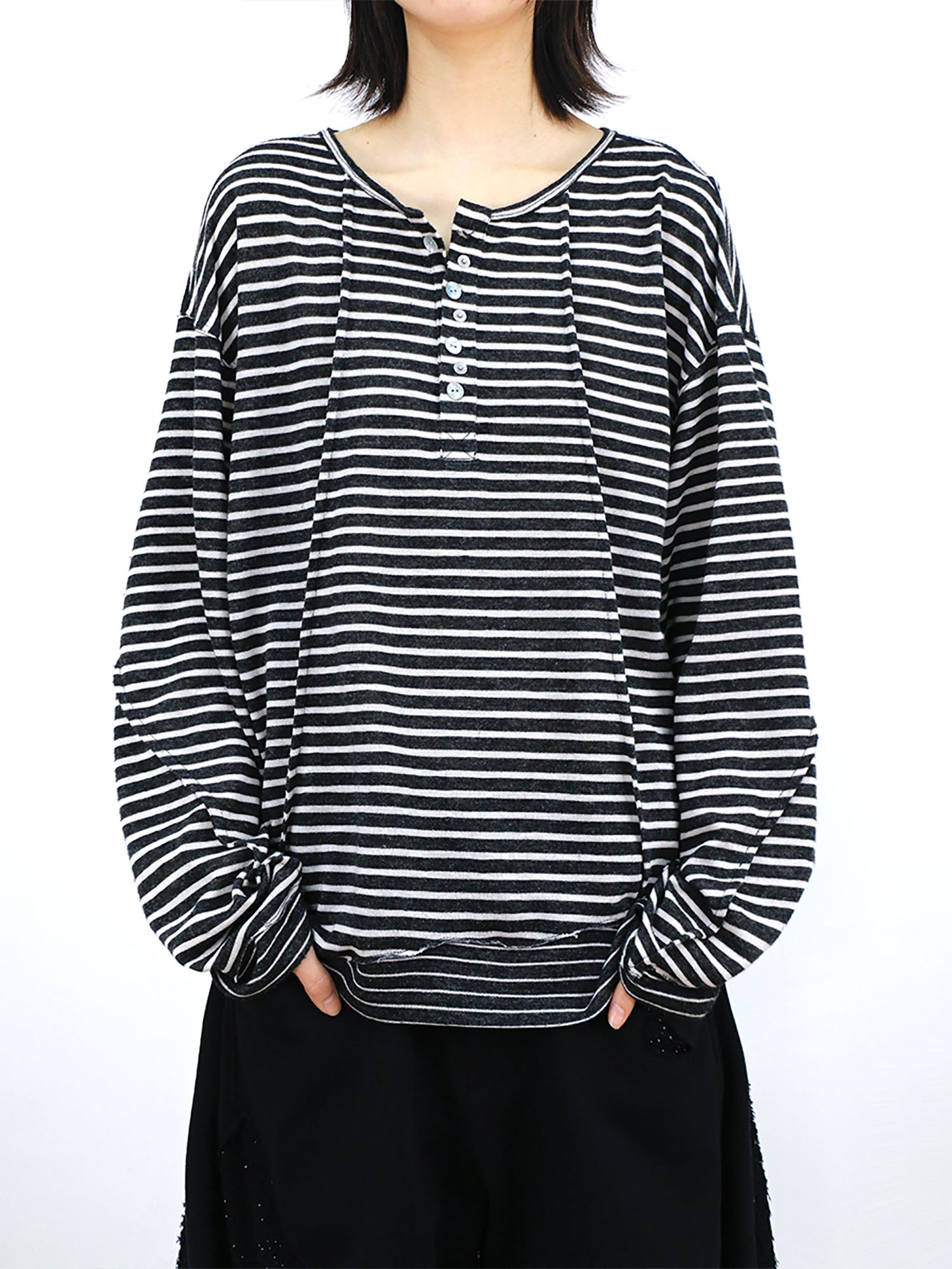 RELABEL Striped Pleated Henley Long-Sleeve Tee, premium urban and streetwear designers apparel on PROJECTISR.com, RELABEL