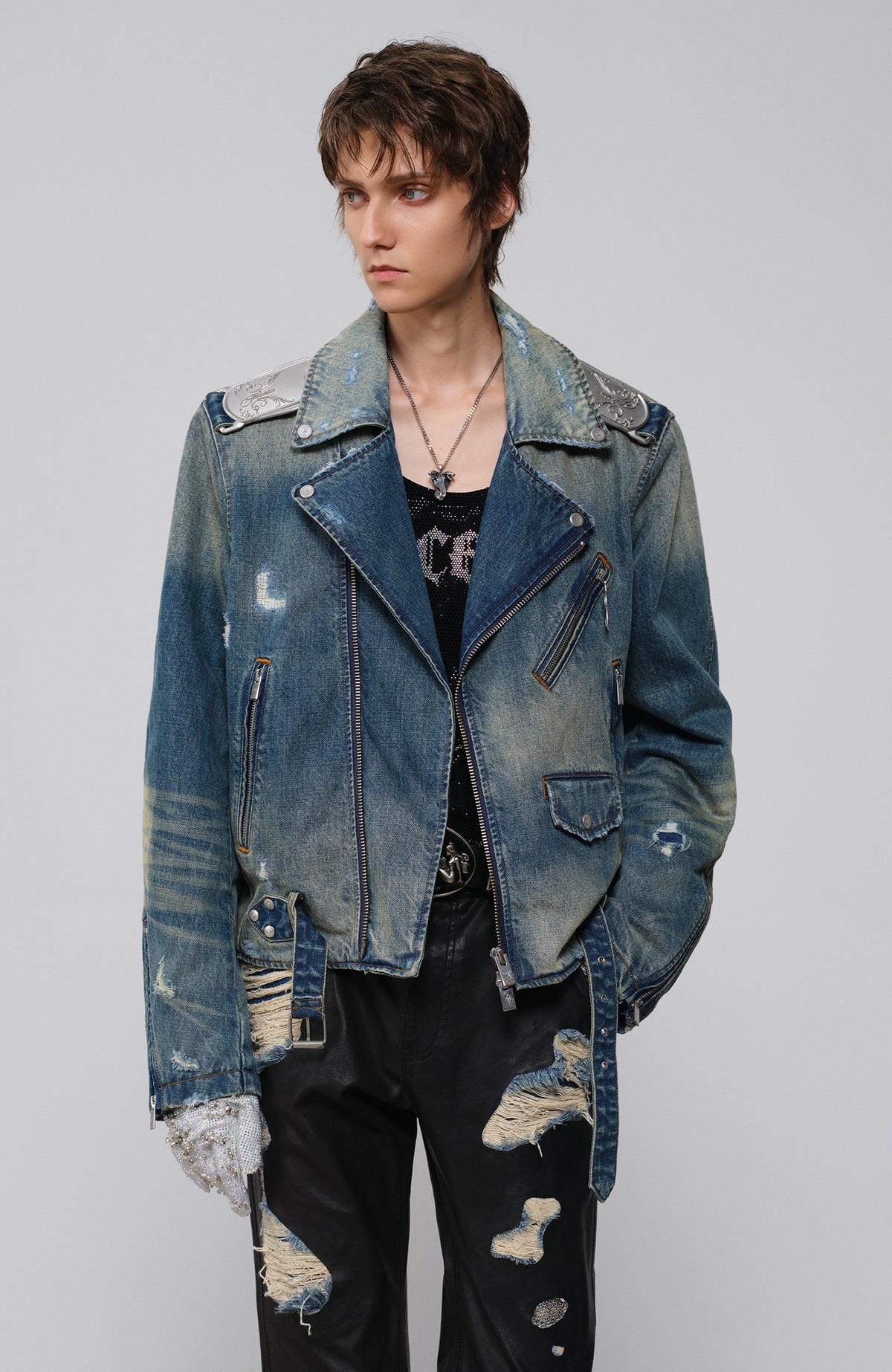 FACEONLAB Metal Epaulette Washed Biker Jacket