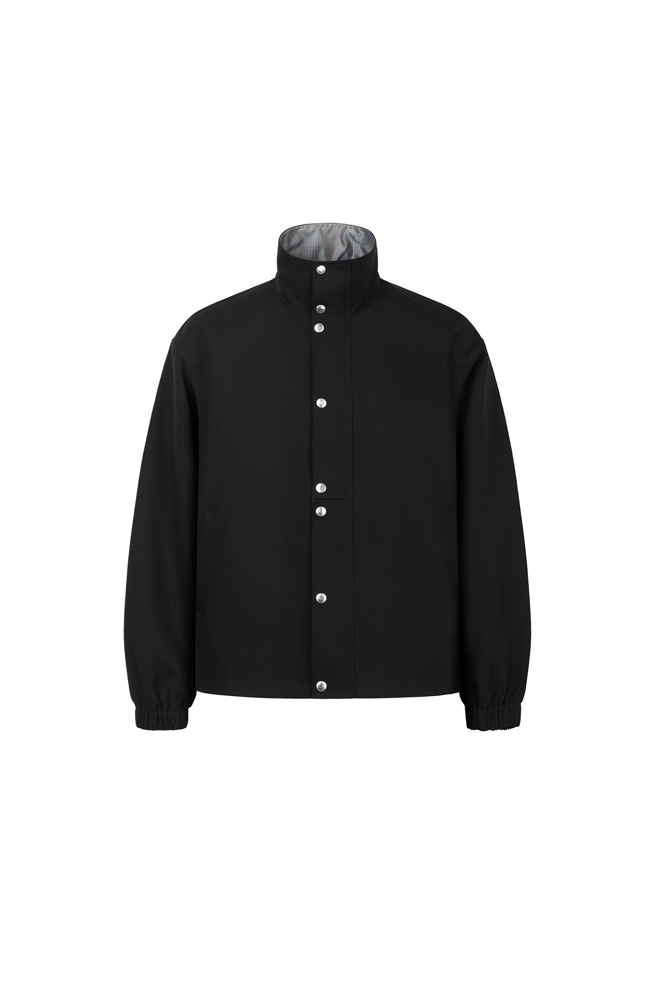 OKAYTHXBYE Glossy Houndstooth-Lined Stand Collar Jacket, premium urban and streetwear designers apparel on PROJECTISR.com, OKAYTHXBYE