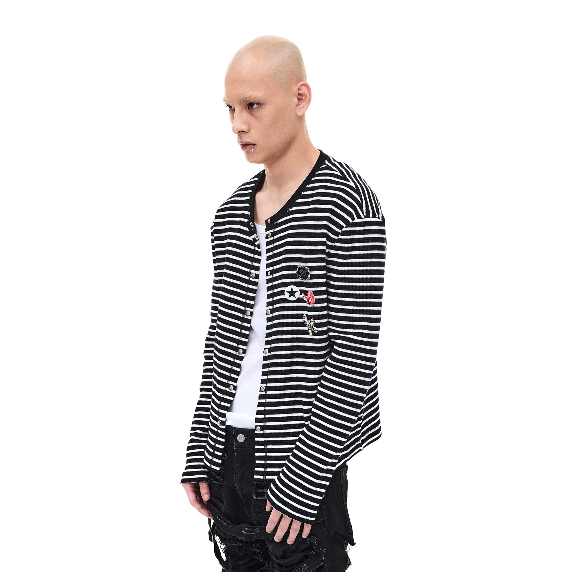 WHISTLEHUNTER Striped Badge Snap Slim Cardigan, premium urban and streetwear designers apparel on PROJECTISR.com, WHISTLEHUNTER