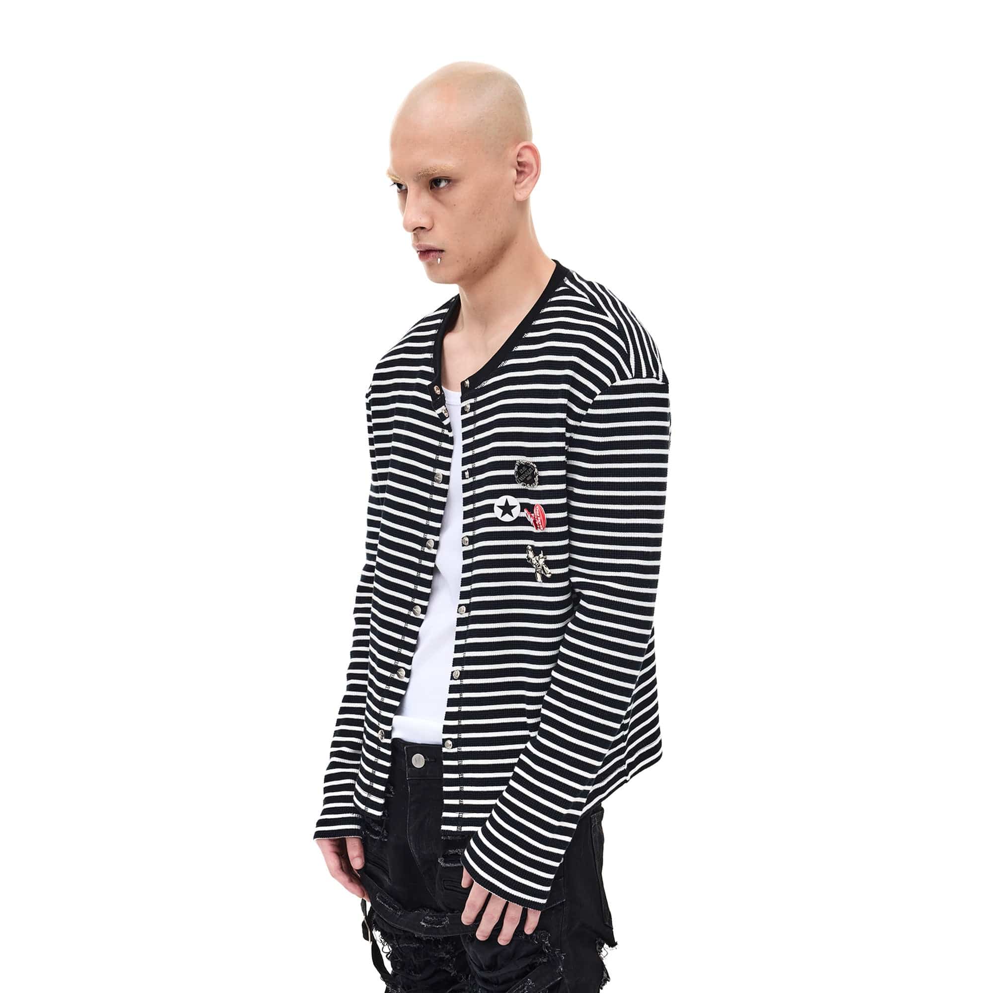 WHISTLEHUNTER Striped Badge Snap Slim Cardigan, premium urban and streetwear designers apparel on PROJECTISR.com, WHISTLEHUNTER