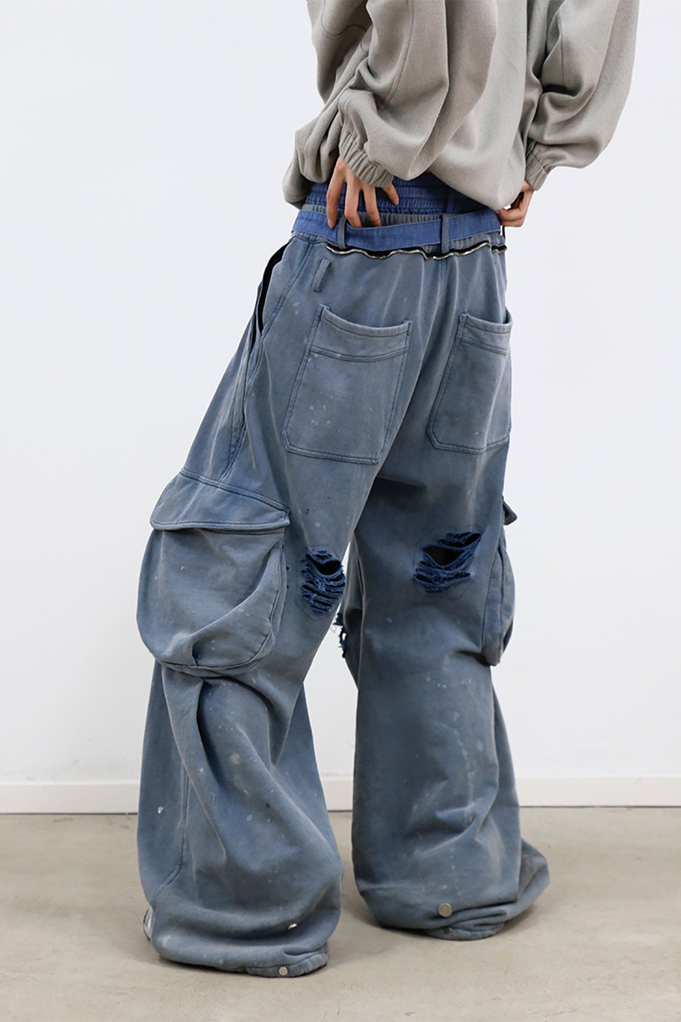 RELABEL Distressed Splatter Double-Waist Cargo Pants, premium urban and streetwear designers apparel on PROJECTISR.com, RELABEL