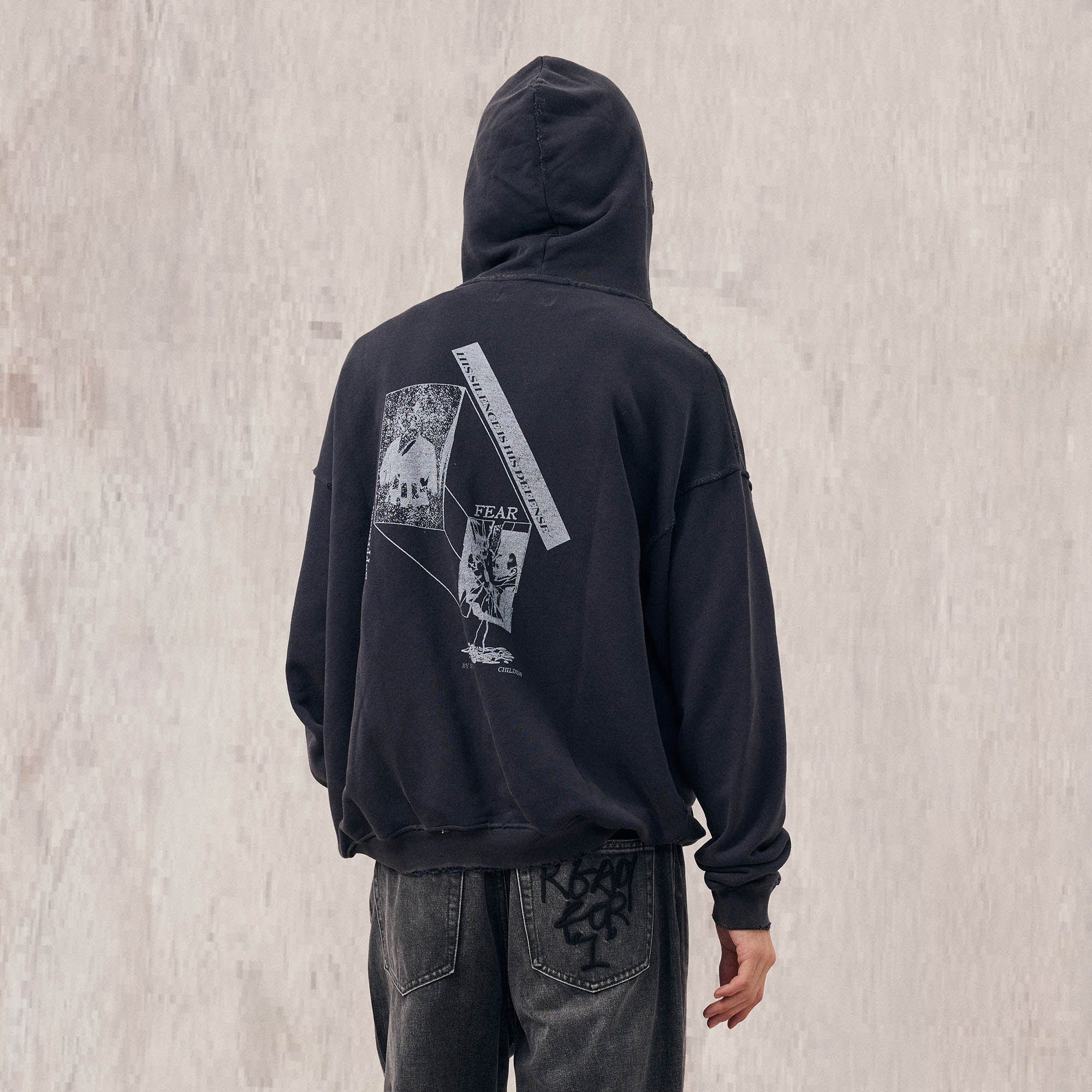 IN EXISTENCE Washed Frayed Graphic Hoodie, premium urban and streetwear designers apparel on PROJECTISR.com, IN EXISTENCE