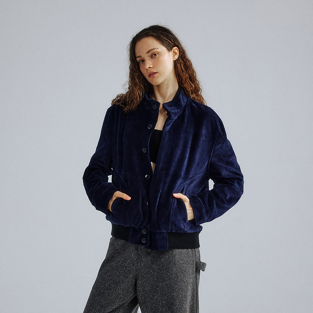 IN EXISTENCE Velvet-Texture Spliced Short Jacket