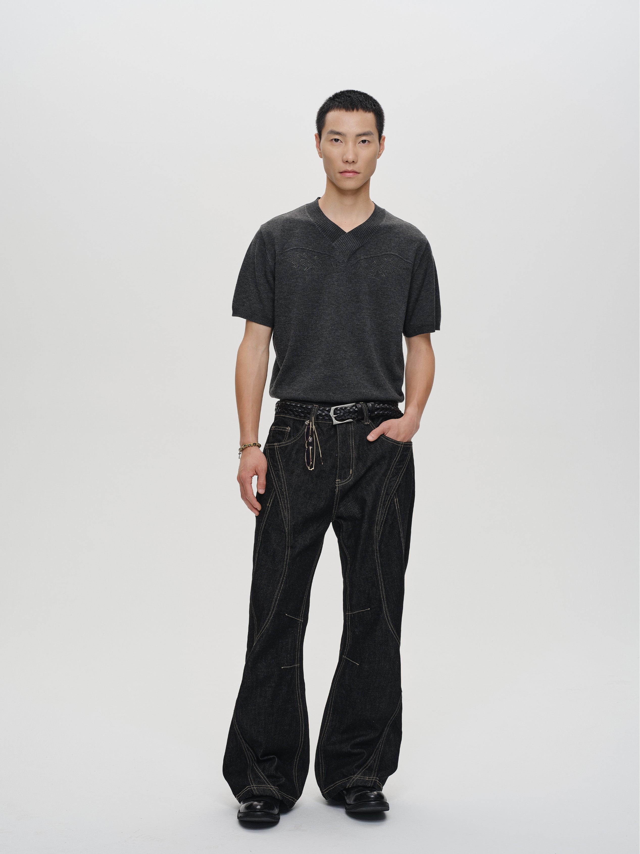 CATSSTAC Curved Panel Stitch Straight-Leg Raw Jeans, premium urban and streetwear designers apparel on PROJECTISR.com, CATSSTAC