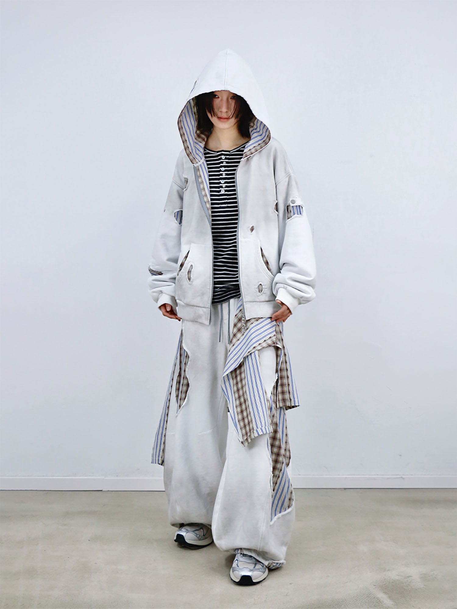 RELABEL Distressed Plaid Cut-Out Layered Hooded Jacket, premium urban and streetwear designers apparel on PROJECTISR.com, RELABEL