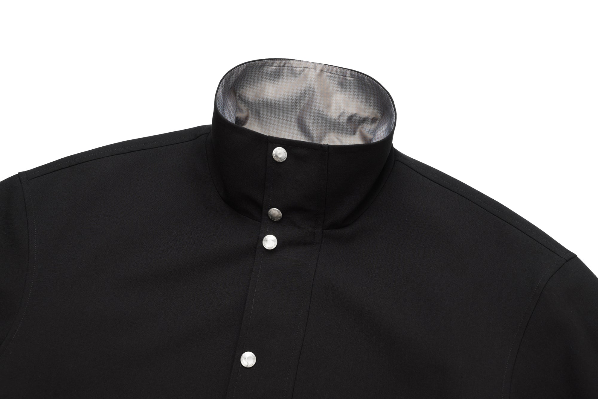 OKAYTHXBYE Glossy Houndstooth-Lined Stand Collar Jacket, premium urban and streetwear designers apparel on PROJECTISR.com, OKAYTHXBYE