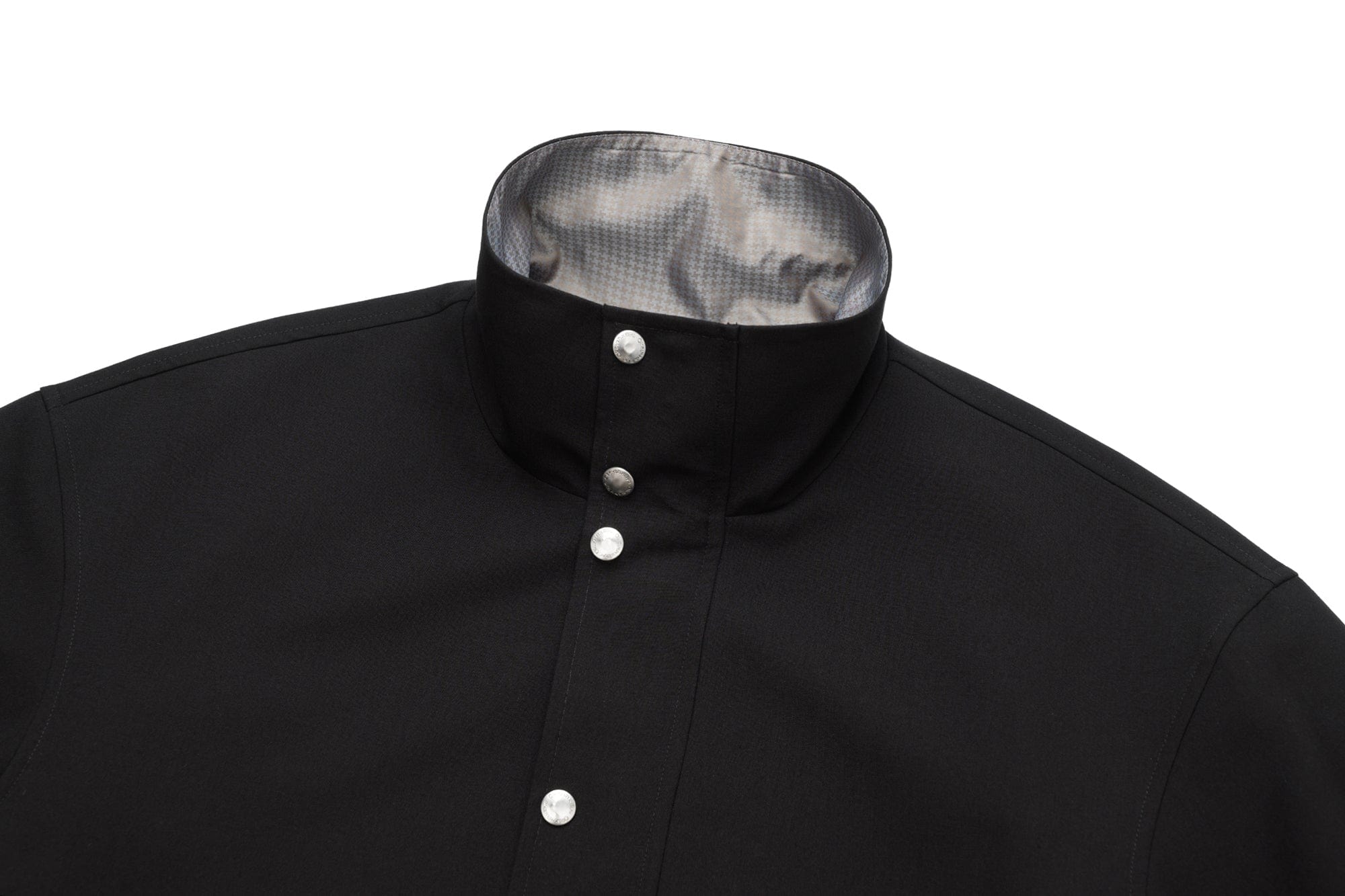 OKAYTHXBYE Glossy Houndstooth-Lined Stand Collar Jacket, premium urban and streetwear designers apparel on PROJECTISR.com, OKAYTHXBYE