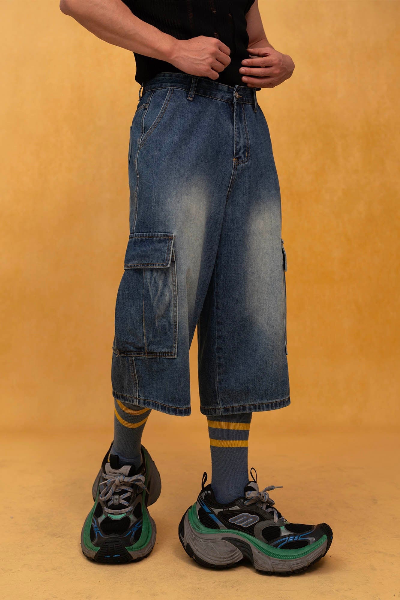 CLP Retro Multi-Pocket Knee-Length Denim Shorts, premium urban and streetwear designers apparel on PROJECTISR.com, CLP