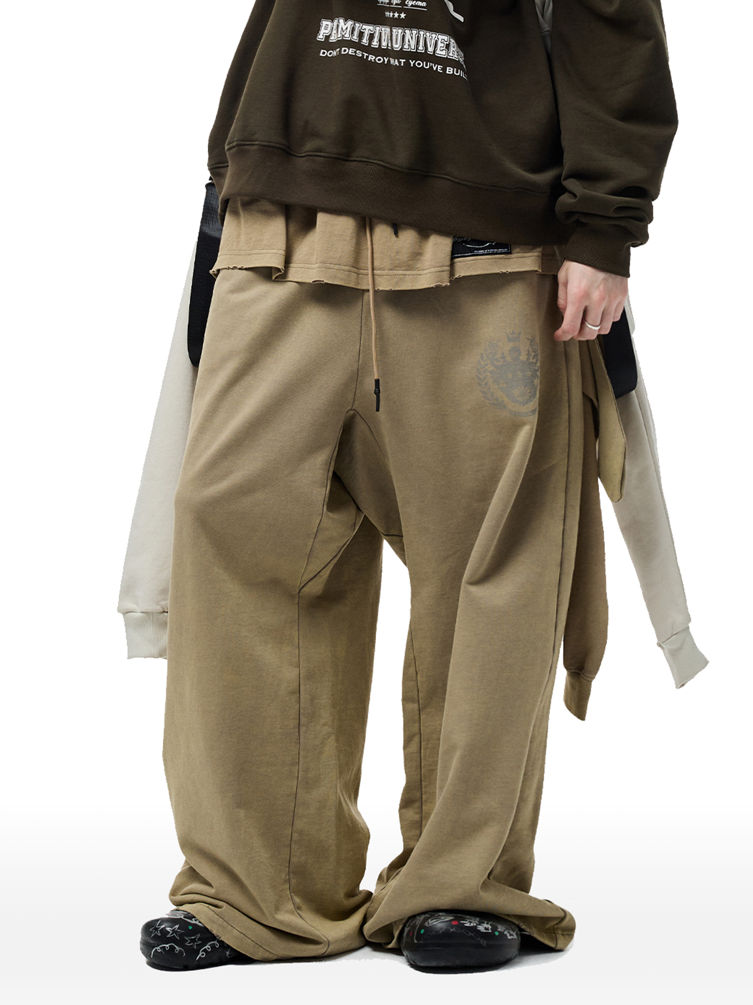 CYCYCY Layered Raw Edge Wide-Leg Sweatpants Khaki