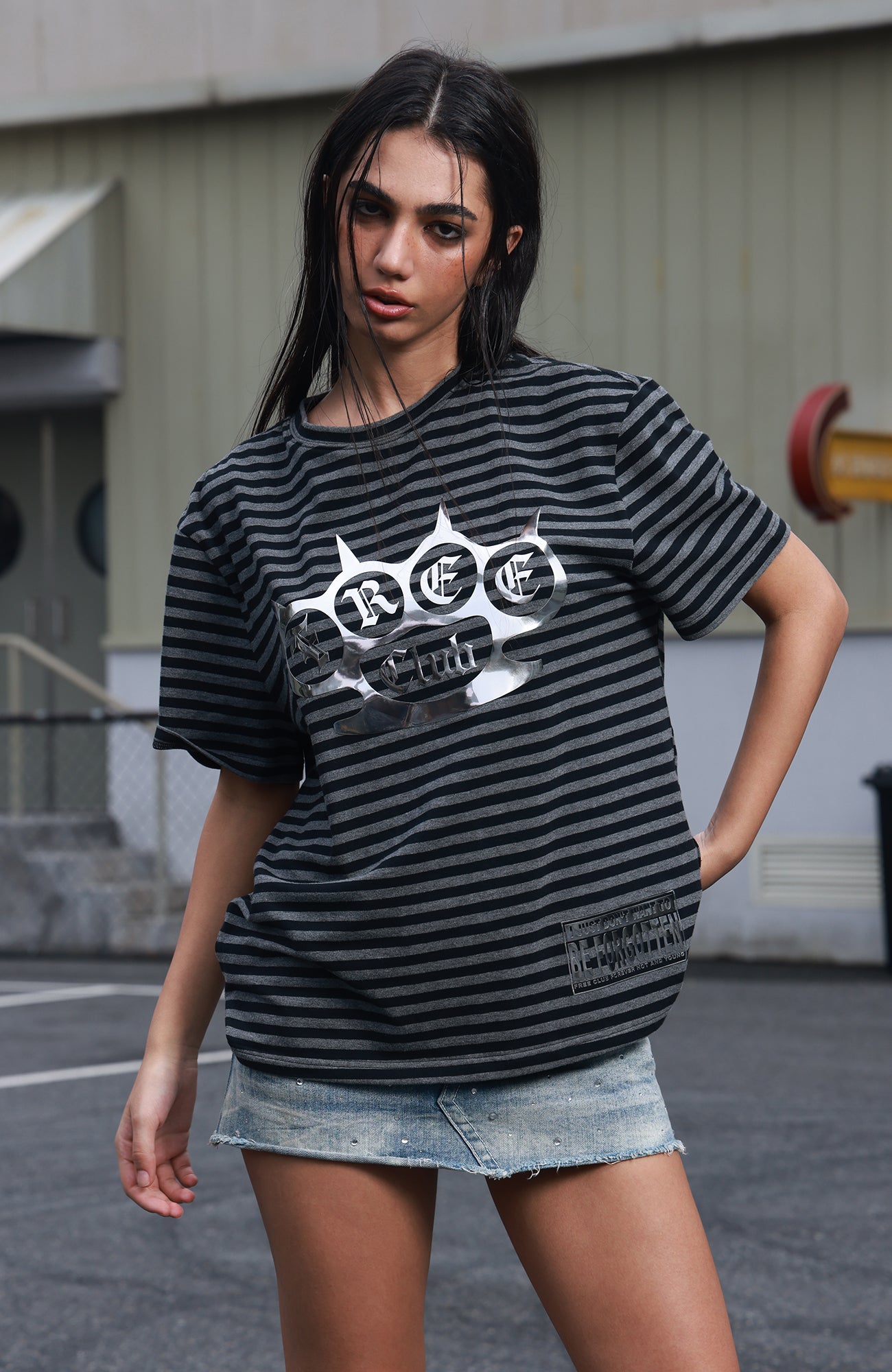 SAVAGEGROWTHWORLD Silver Foil Graphic Stripe T-Shirt