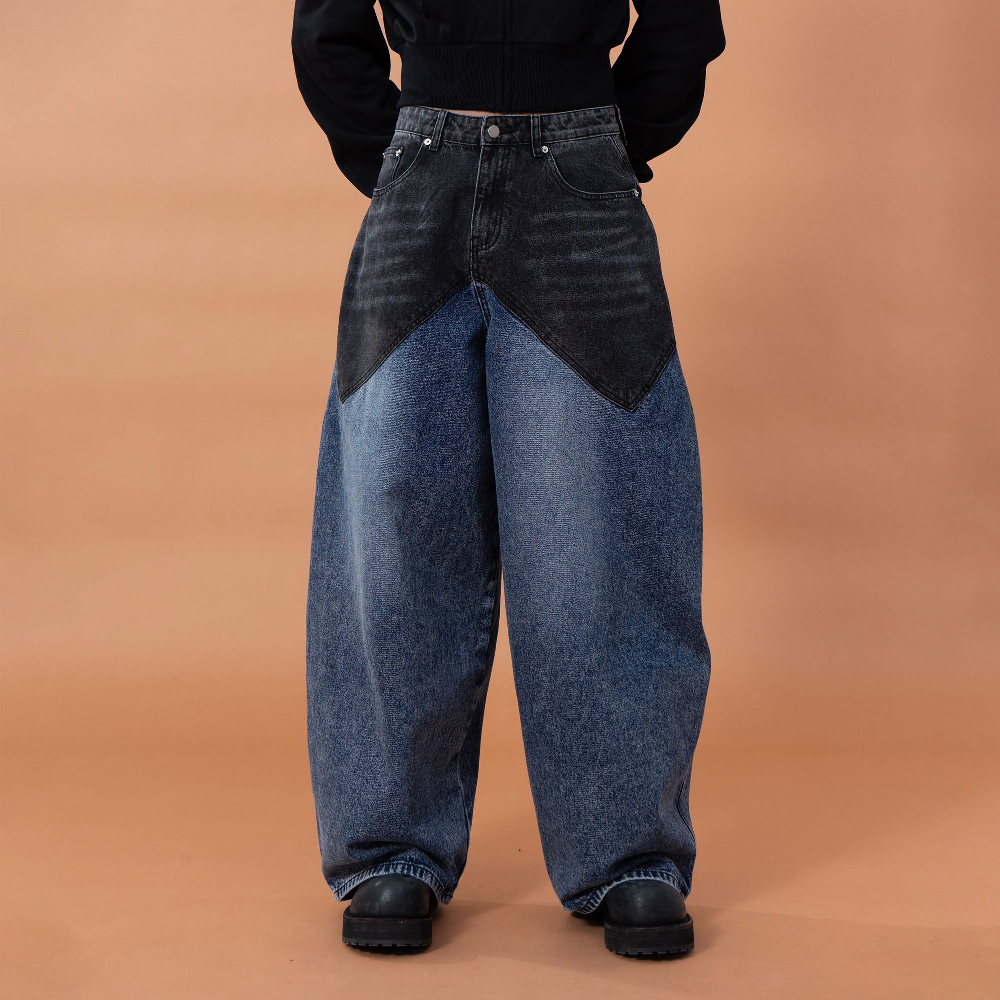CLP Distressed Contrast-Panel Oversized Jeans, premium urban and streetwear designers apparel on PROJECTISR.com, CLP