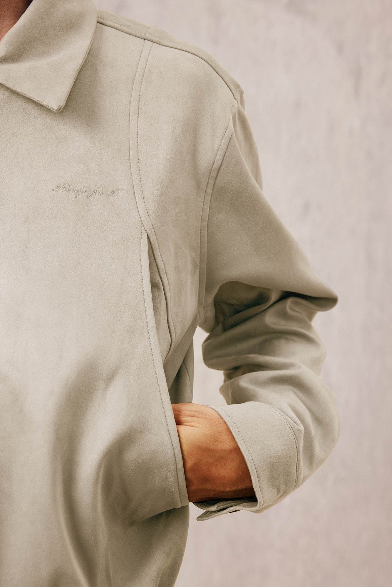 IN EXISTENCE Curved Spliced Smooth Harrington Jacket, premium urban and streetwear designers apparel on PROJECTISR.com, IN EXISTENCE