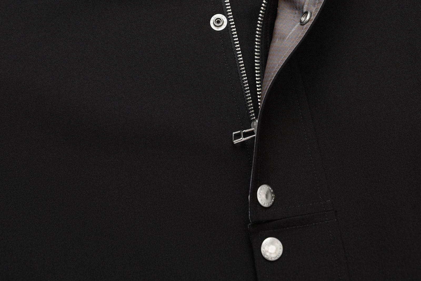 OKAYTHXBYE Glossy Houndstooth-Lined Stand Collar Jacket, premium urban and streetwear designers apparel on PROJECTISR.com, OKAYTHXBYE