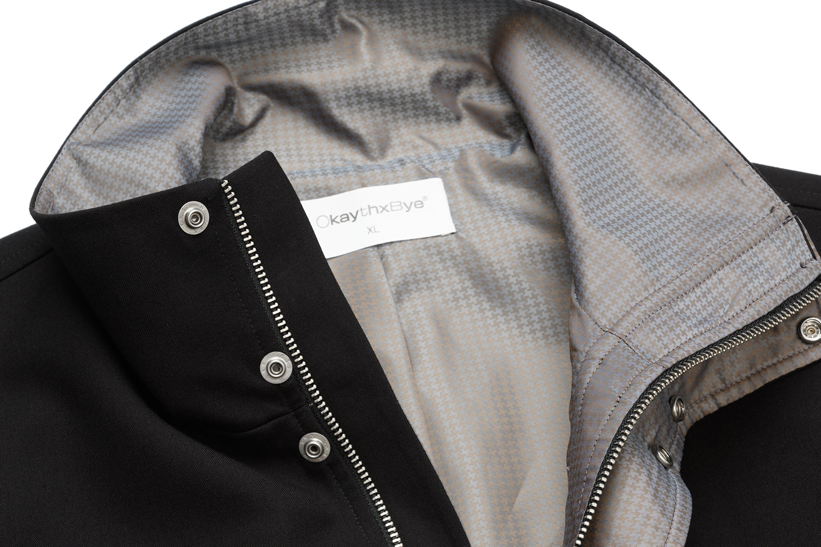 OKAYTHXBYE Glossy Houndstooth-Lined Stand Collar Jacket, premium urban and streetwear designers apparel on PROJECTISR.com, OKAYTHXBYE