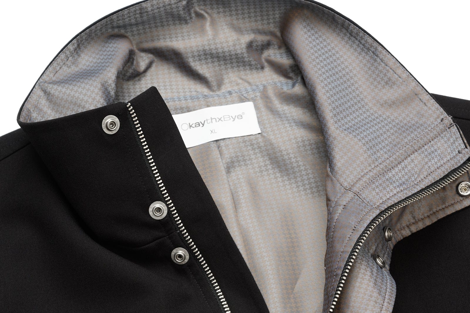 OKAYTHXBYE Glossy Houndstooth-Lined Stand Collar Jacket, premium urban and streetwear designers apparel on PROJECTISR.com, OKAYTHXBYE