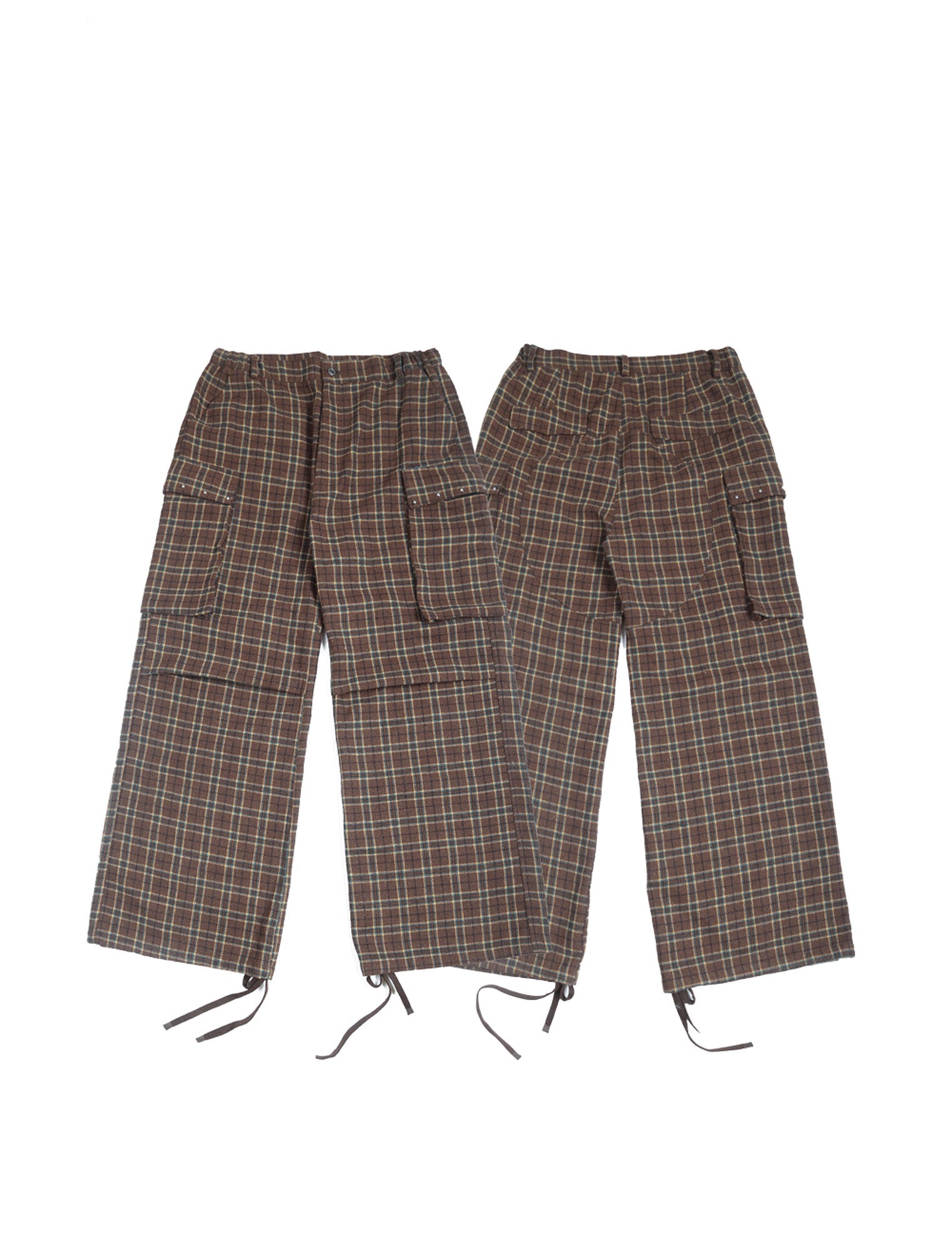 TRECLUB Plaid Pleated-Knee Wide-Leg Cargo Pants, premium urban and streetwear designers apparel on PROJECTISR.com, TRECLUB