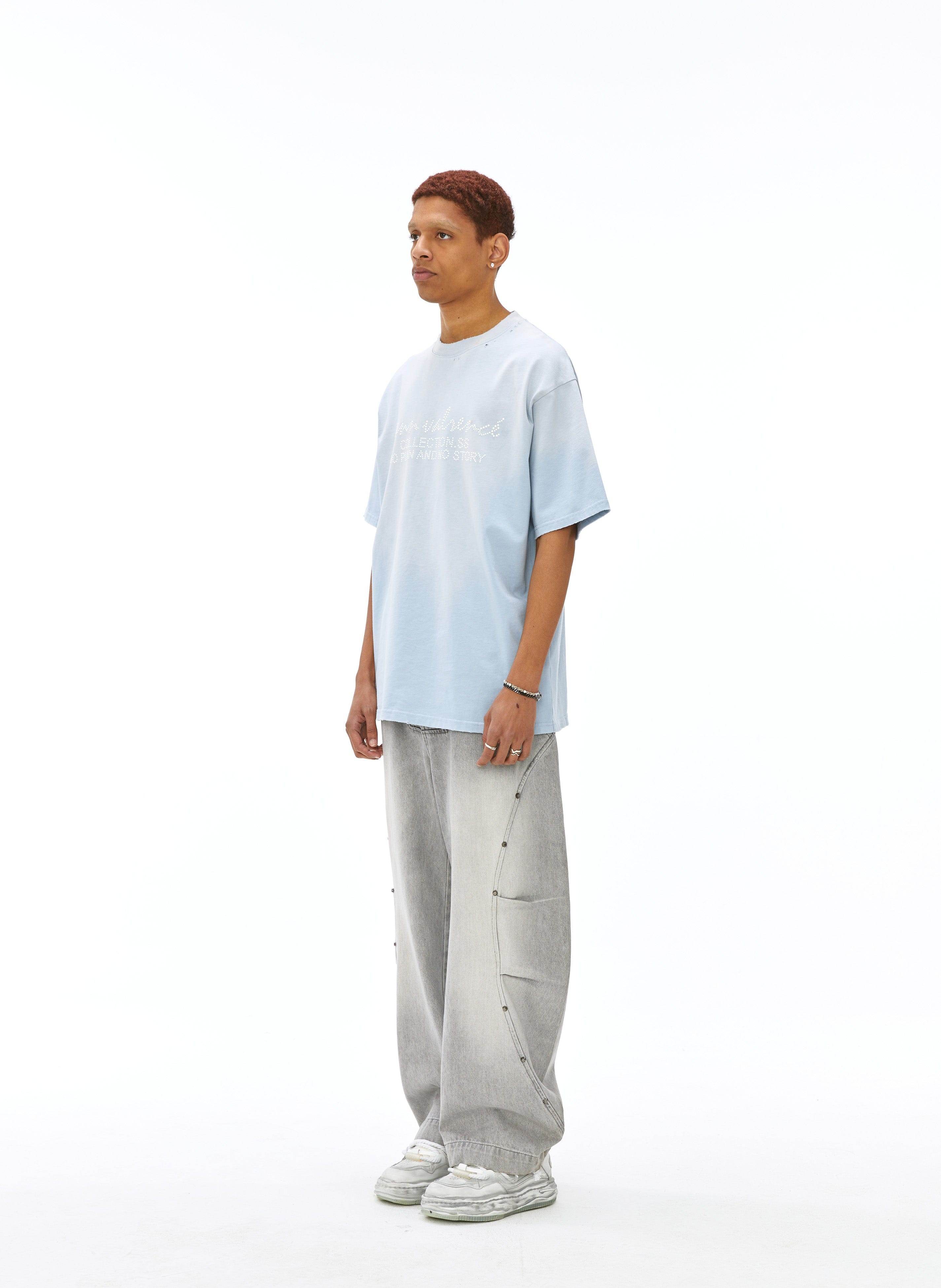 VANN VALRENCE Washed Riveted Curved-Seam Denim Pants