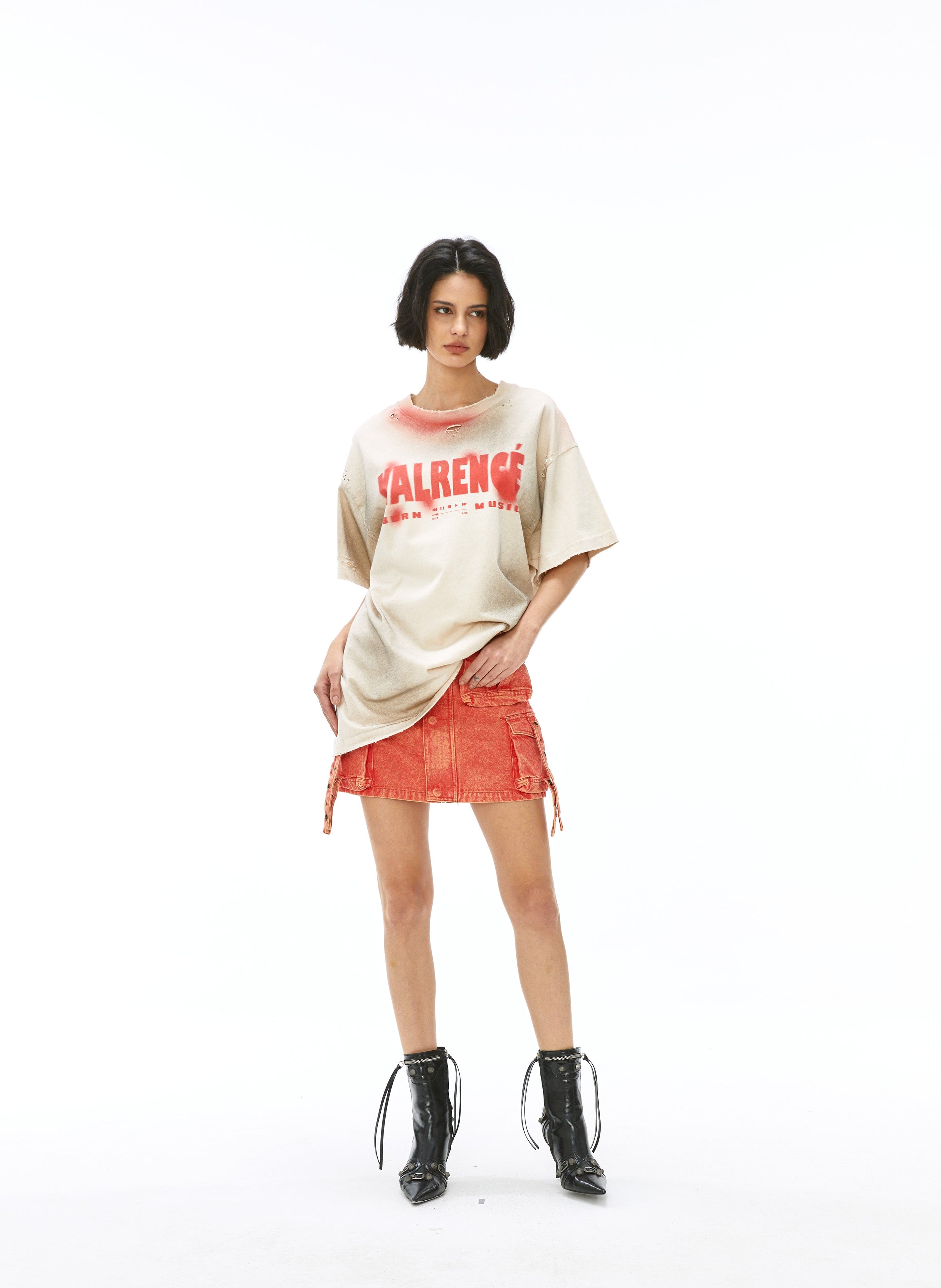 VANN VALRENCE Distressed Washed Spray Faded LOGO T-Shirt