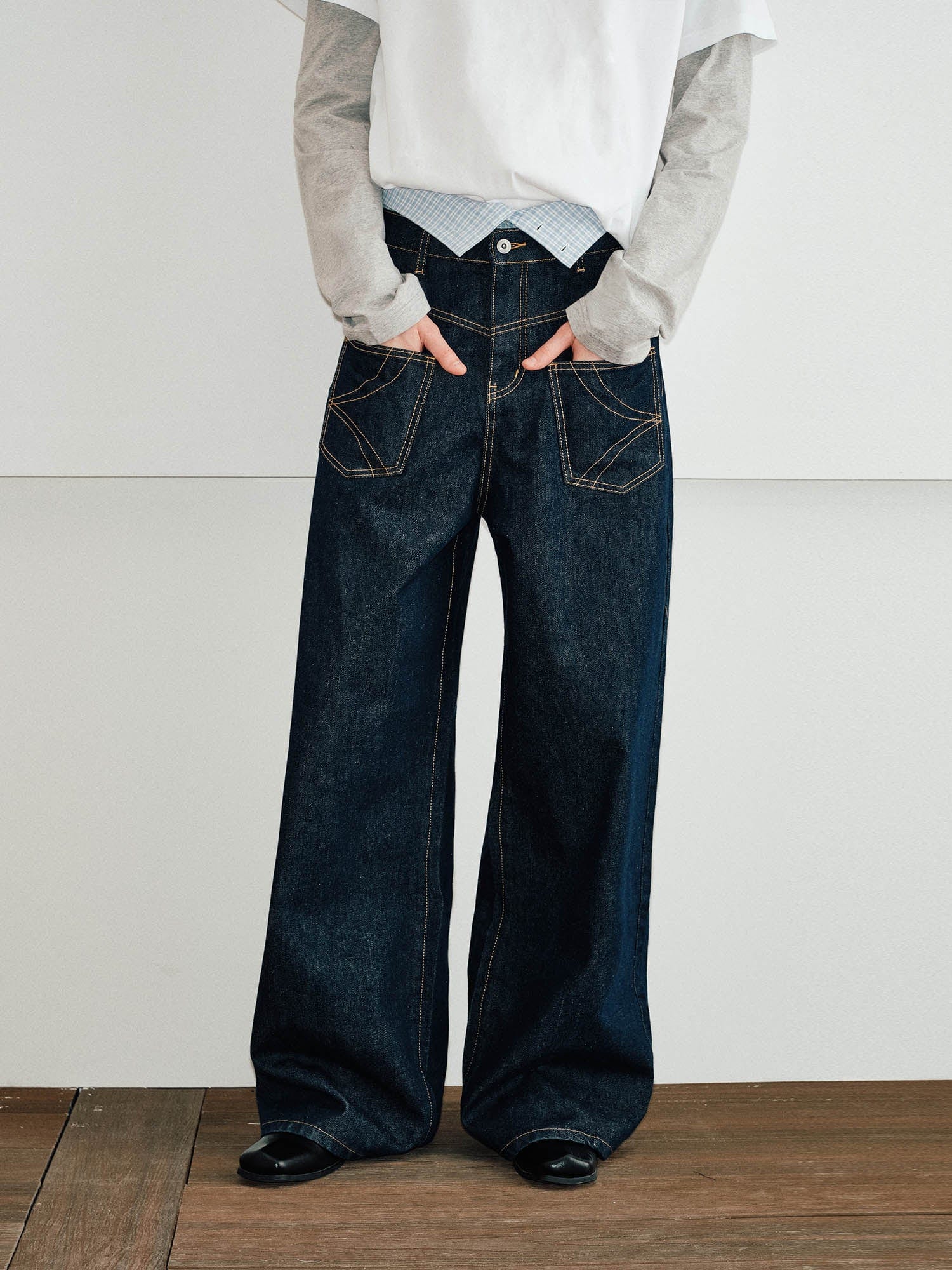 KREATE Reversed Fold-Over Wide-Leg Jeans, premium urban and streetwear designers apparel on PROJECTISR.com, KREATE
