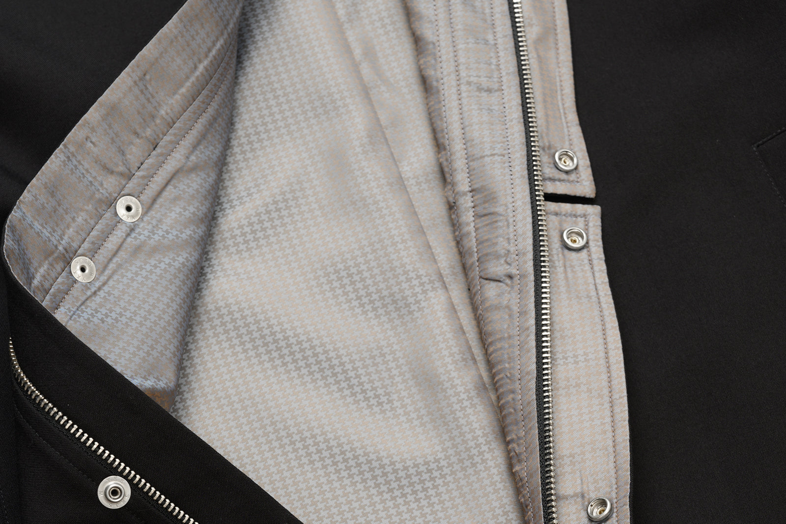 OKAYTHXBYE Glossy Houndstooth-Lined Stand Collar Jacket, premium urban and streetwear designers apparel on PROJECTISR.com, OKAYTHXBYE
