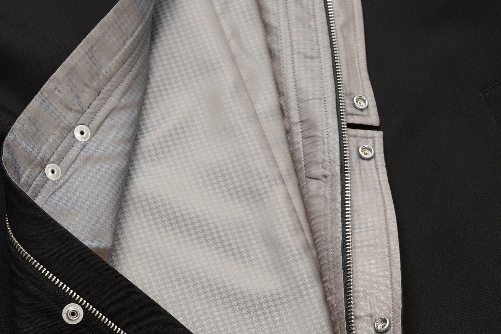 OKAYTHXBYE Glossy Houndstooth-Lined Stand Collar Jacket, premium urban and streetwear designers apparel on PROJECTISR.com, OKAYTHXBYE