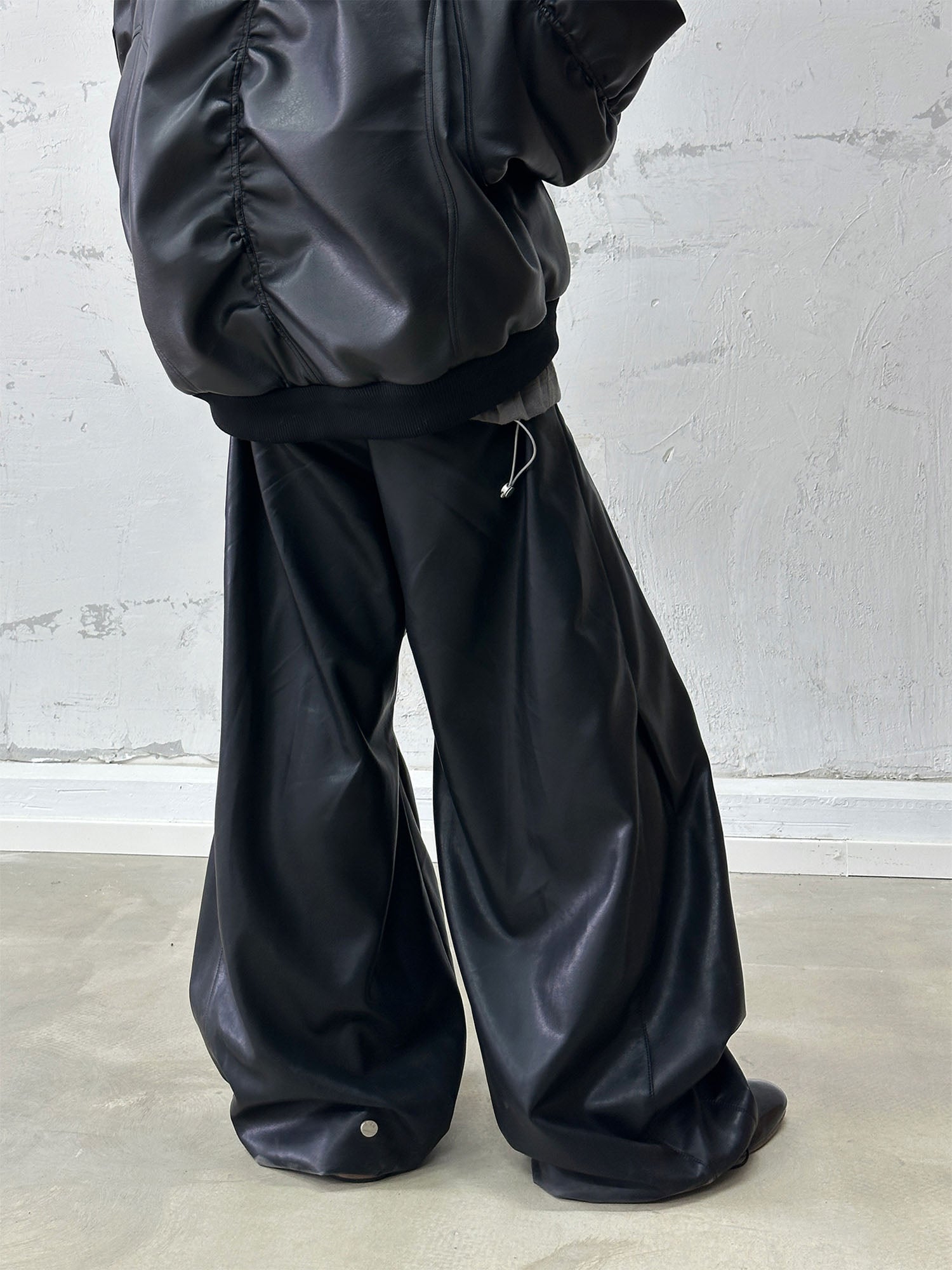 RELABEL Pleated Rivet Oversized PU Pants, premium urban and streetwear designers apparel on PROJECTISR.com, RELABEL
