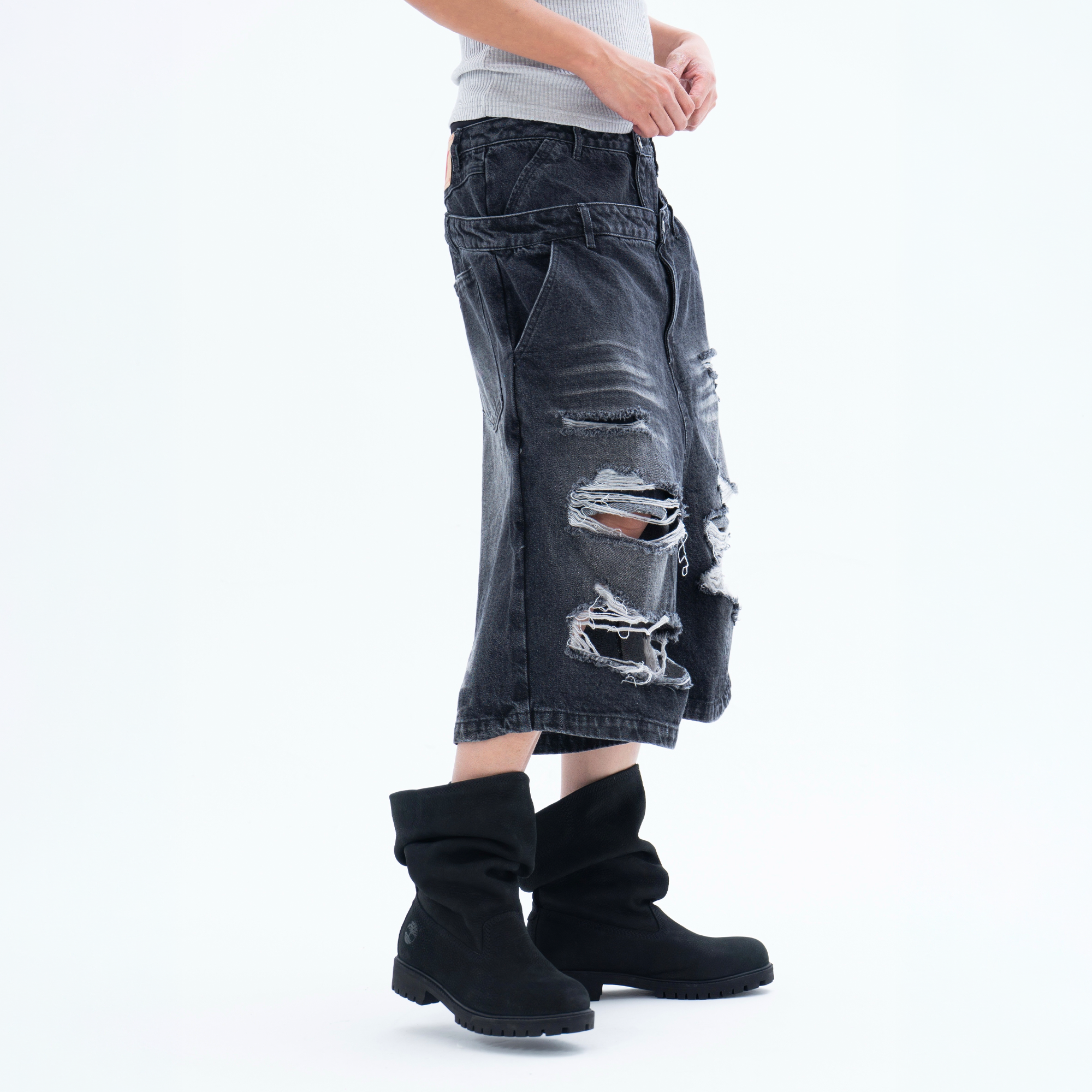 CLP Distressed Double-Waist Denim Shorts