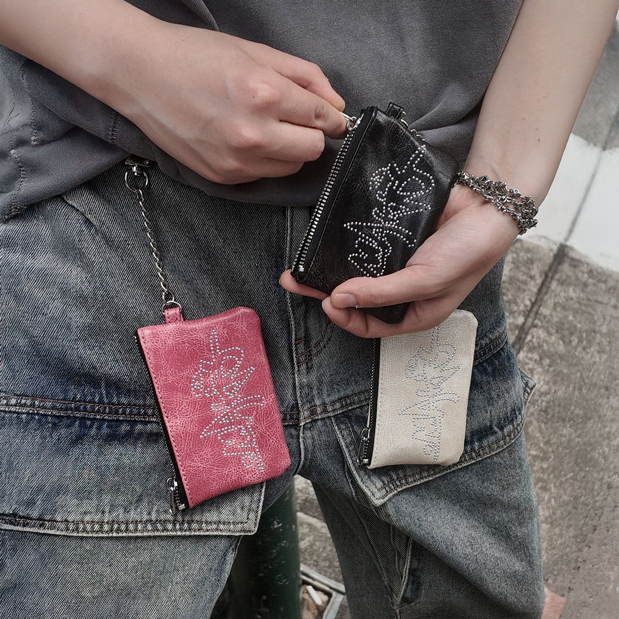 MAKEMORE Cracked Faux Leather Studded Mini Pouch