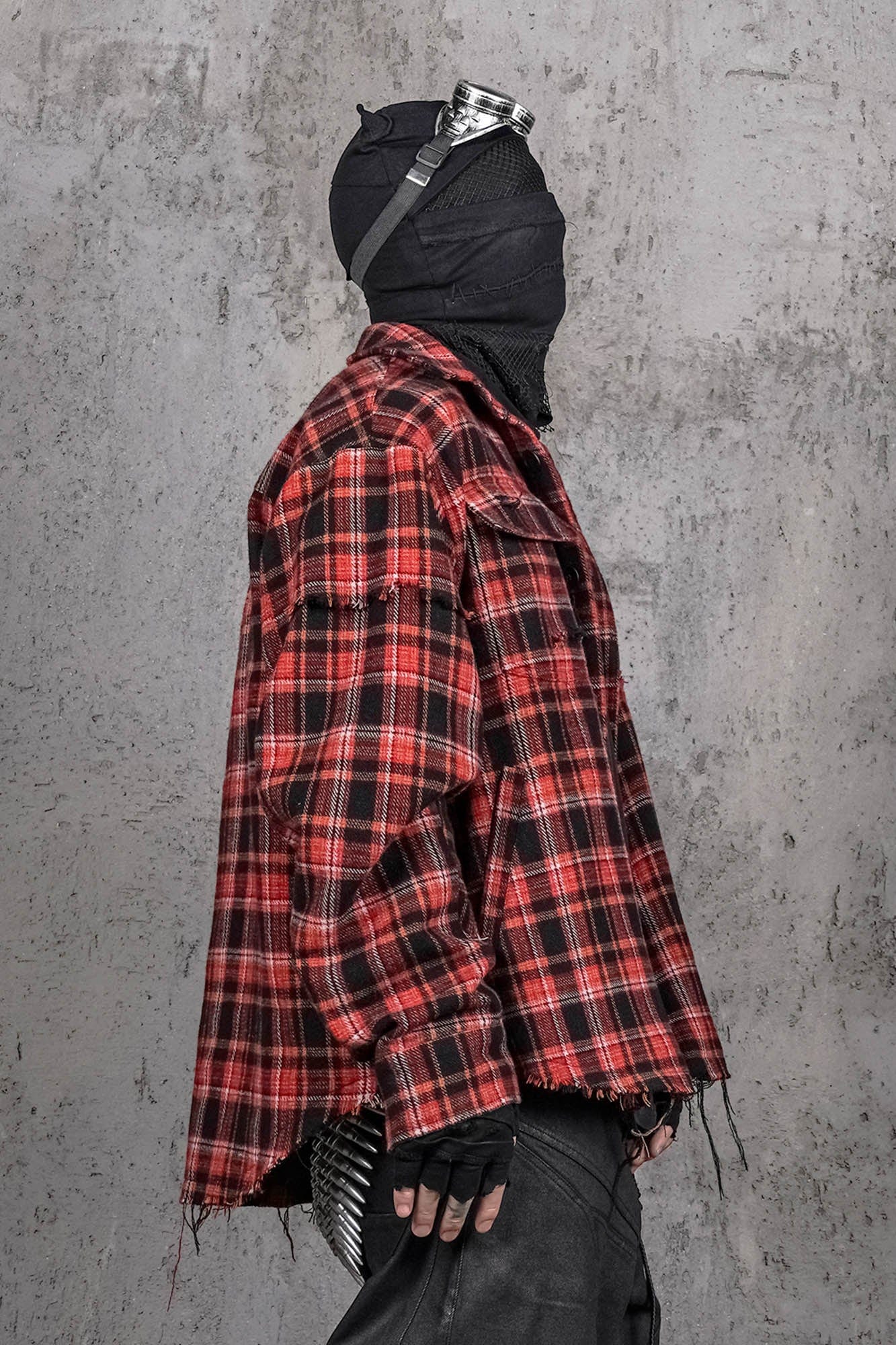 UNDERWATER Crimson Ruin Distressed Plaid Shirt Jacket, premium urban and streetwear designers apparel on PROJECTISR.com, UNDERWATER