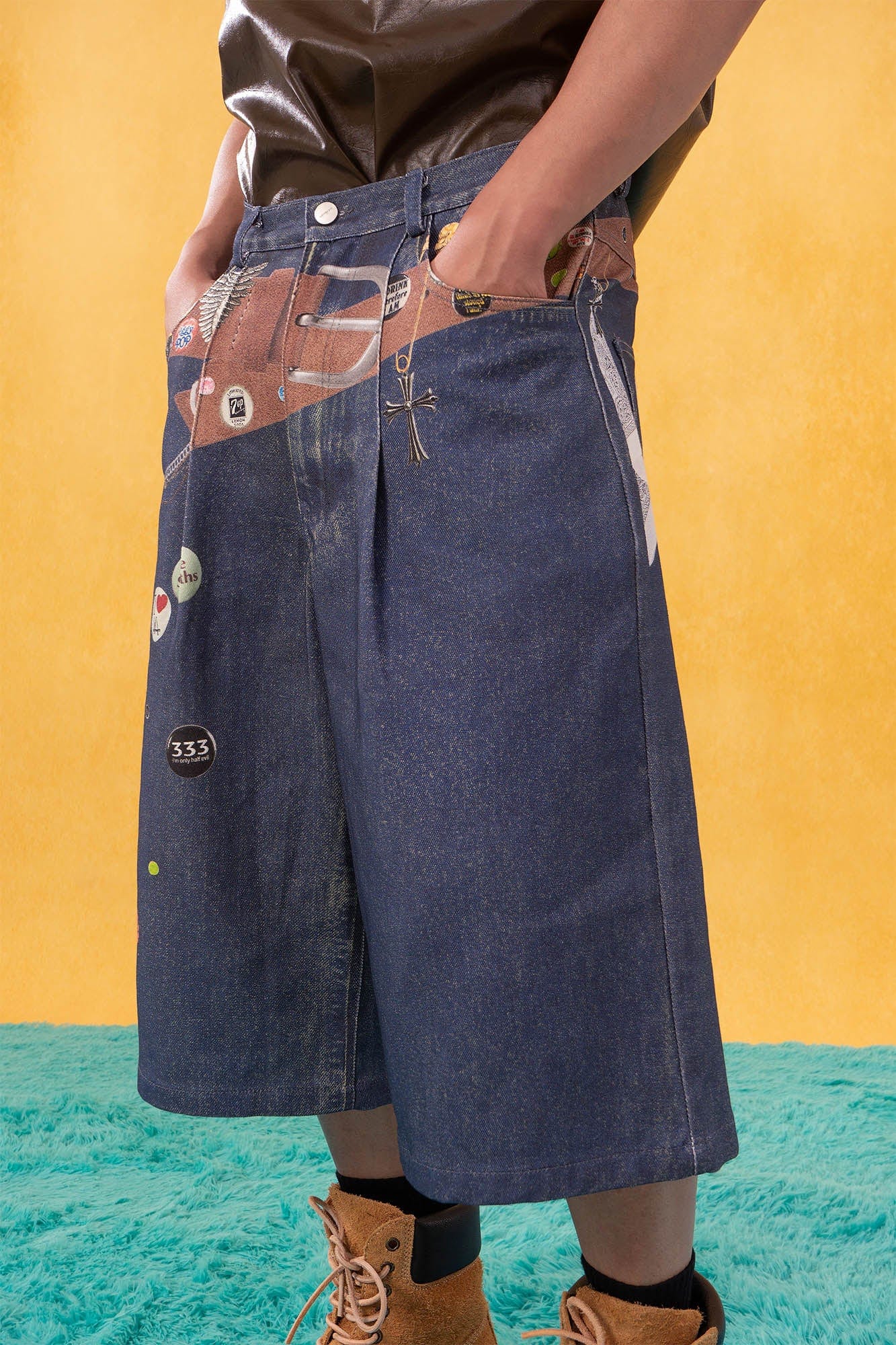 CLP Badge Belt Graphic Cropped Denim Shorts, premium urban and streetwear designers apparel on PROJECTISR.com, CLP